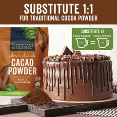 Viva Naturals spoon with cacao powder, ready to add for consistent recipe measurements benefit