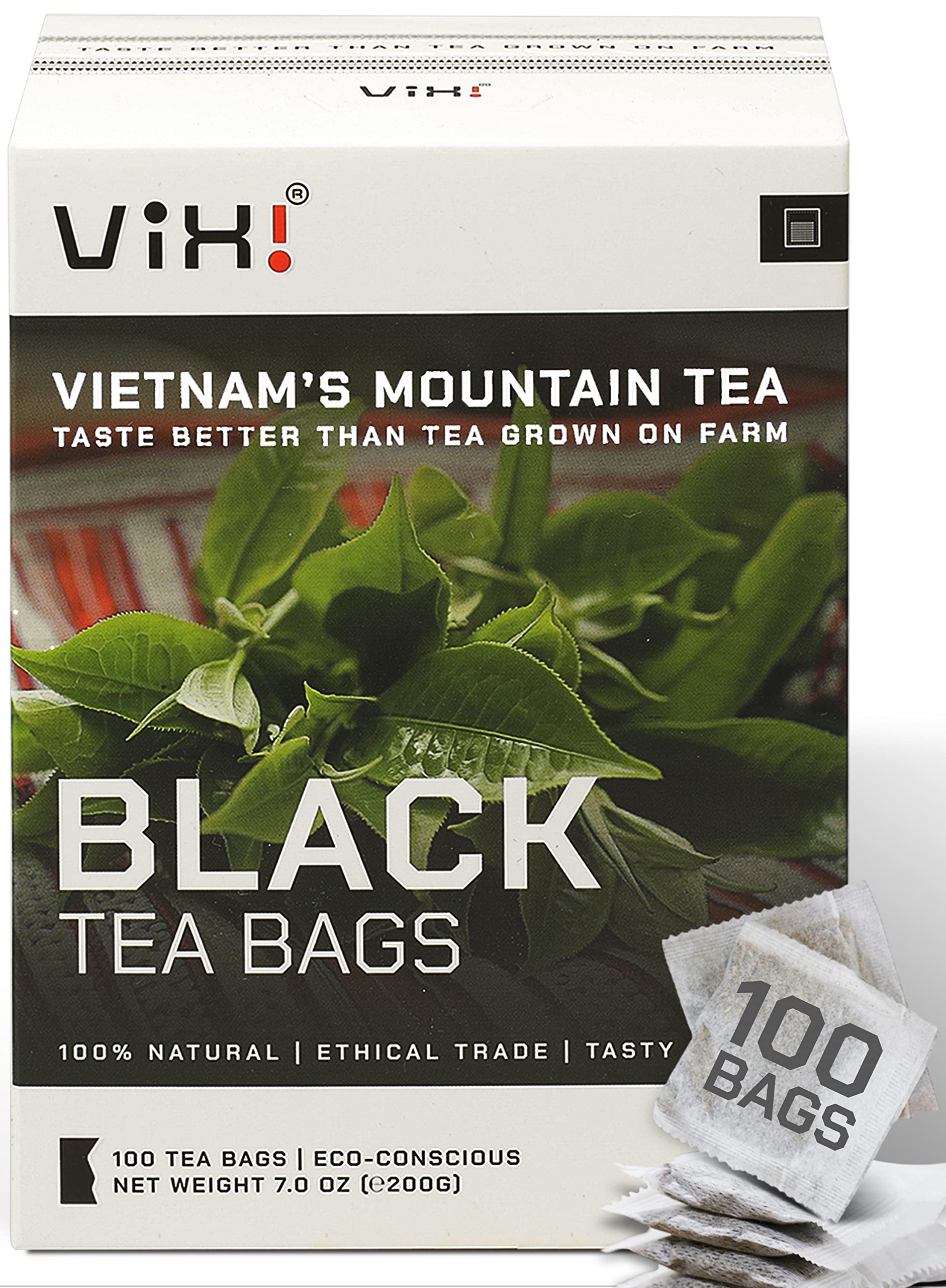 VIXI front packaging showing 100 tea bags and natural branding benefits