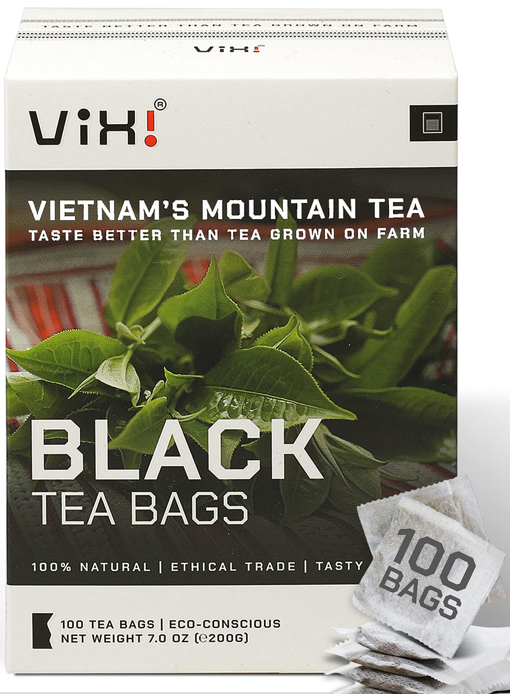 VIXI front packaging showing 100 tea bags and natural branding benefits