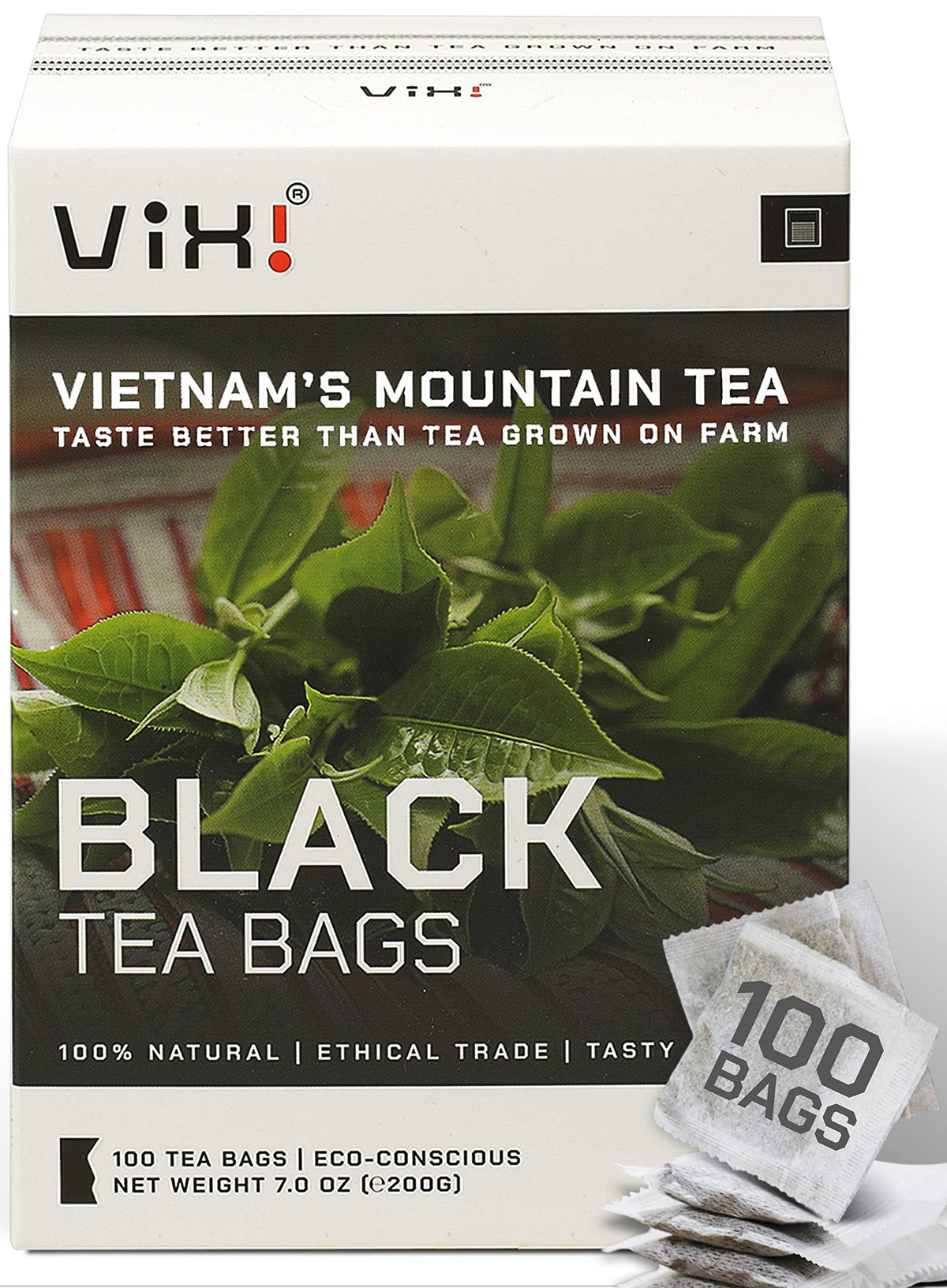 VIXI front packaging showing 100 tea bags and natural branding benefits
