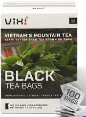 VIXI front packaging showing 100 tea bags and natural branding benefits