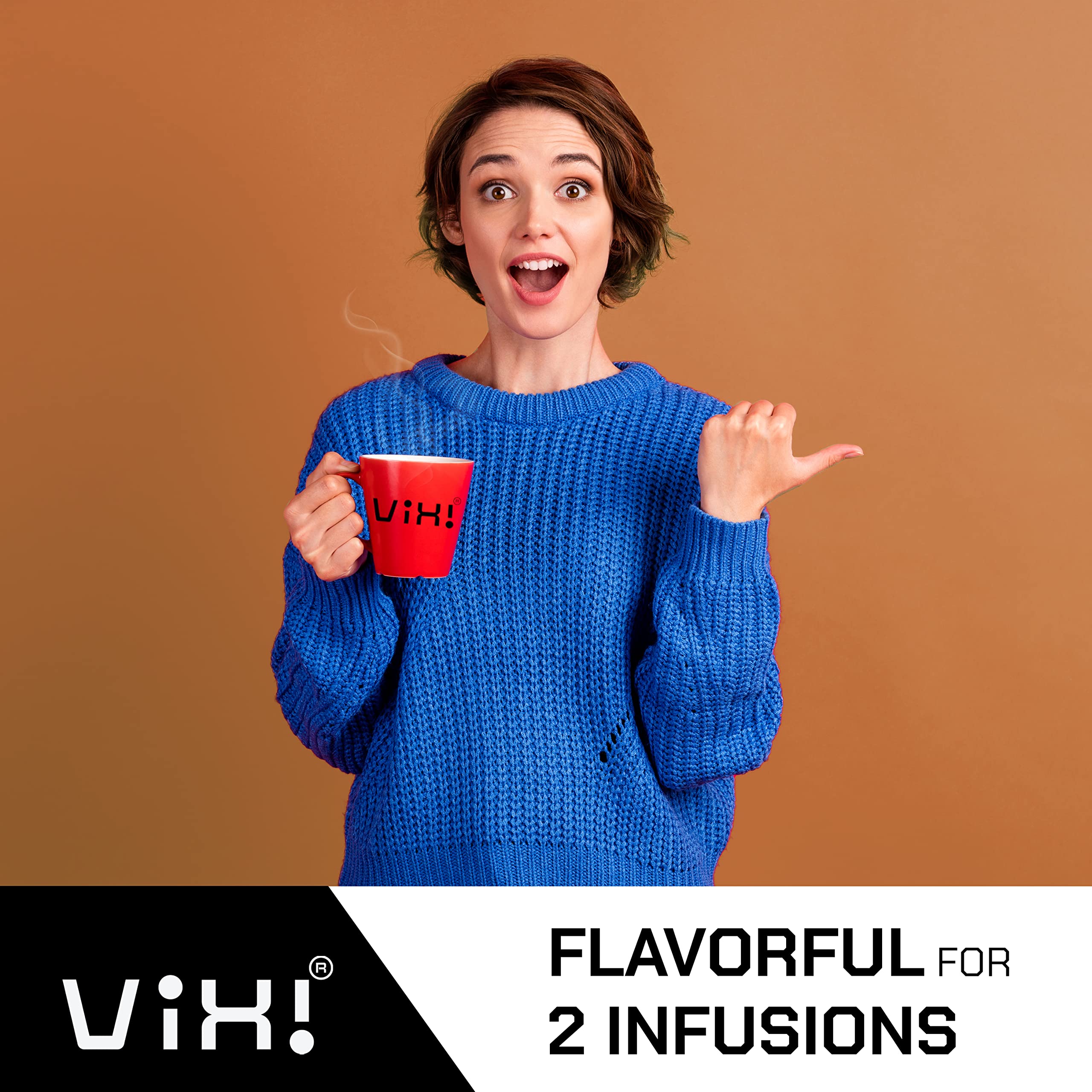 VIXI tea bag beside cup to show single-serving size and scale