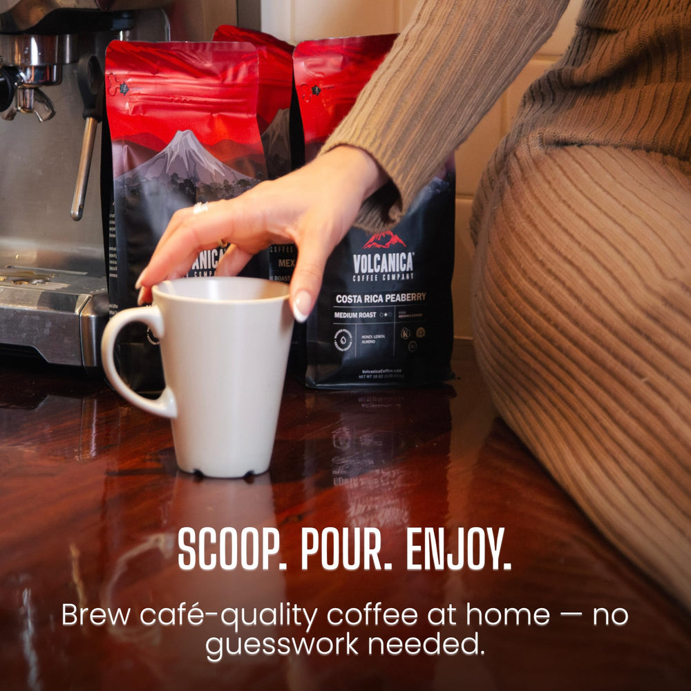 Cup of brewed Volcanica Brazil peaberry in a kitchen setting showing drinkability