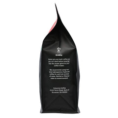 Volcanica Coffee label detail showing flavor name and roast level for quick product info