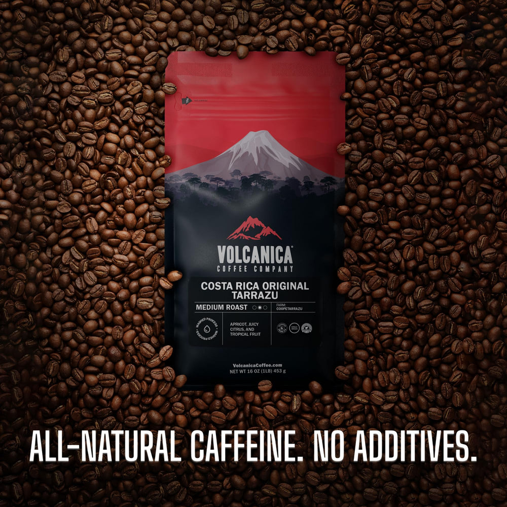 Volcanica fresh-roasted bag open with beans visible for aroma