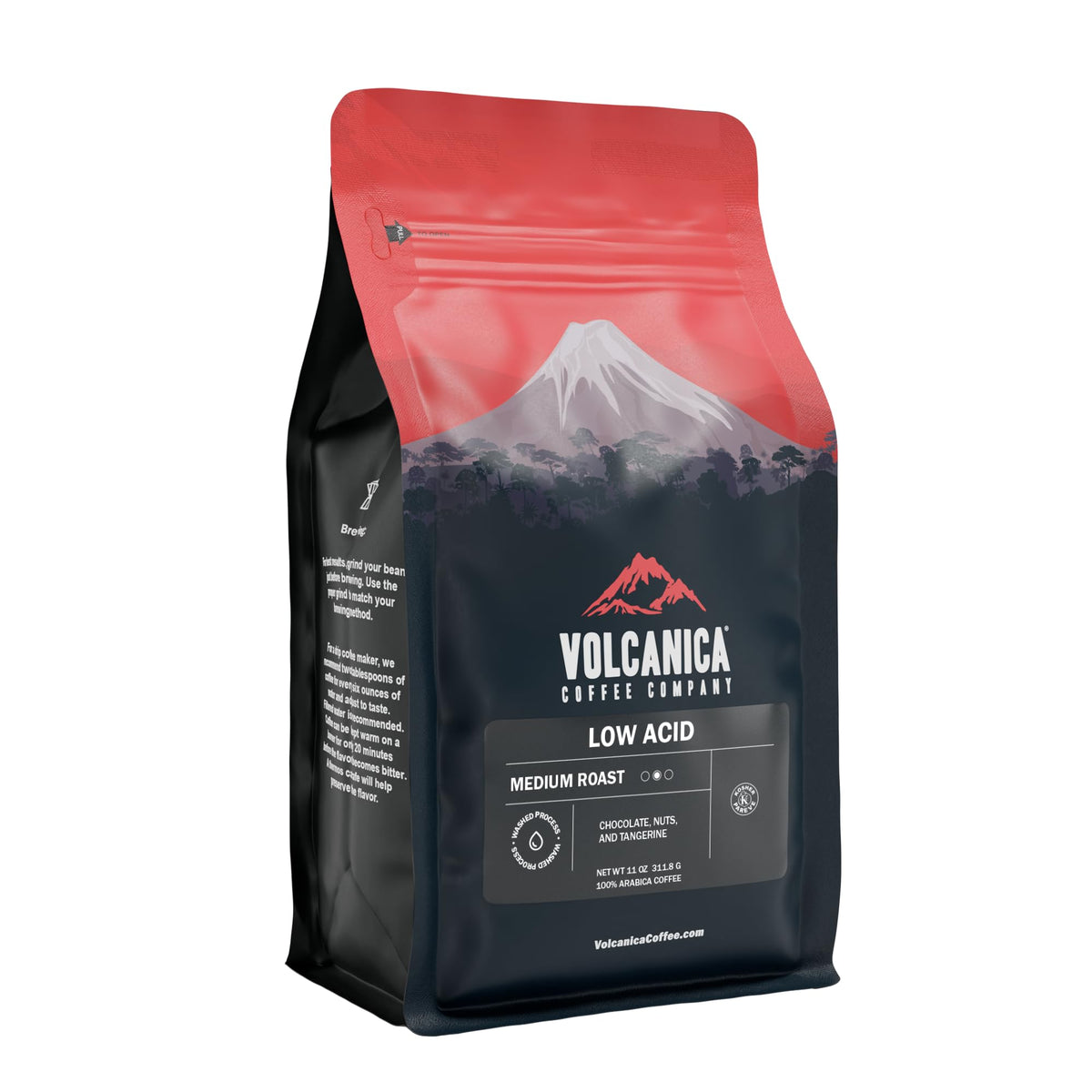 Volcanica front packaging showing low acid 11 oz bag and convenience