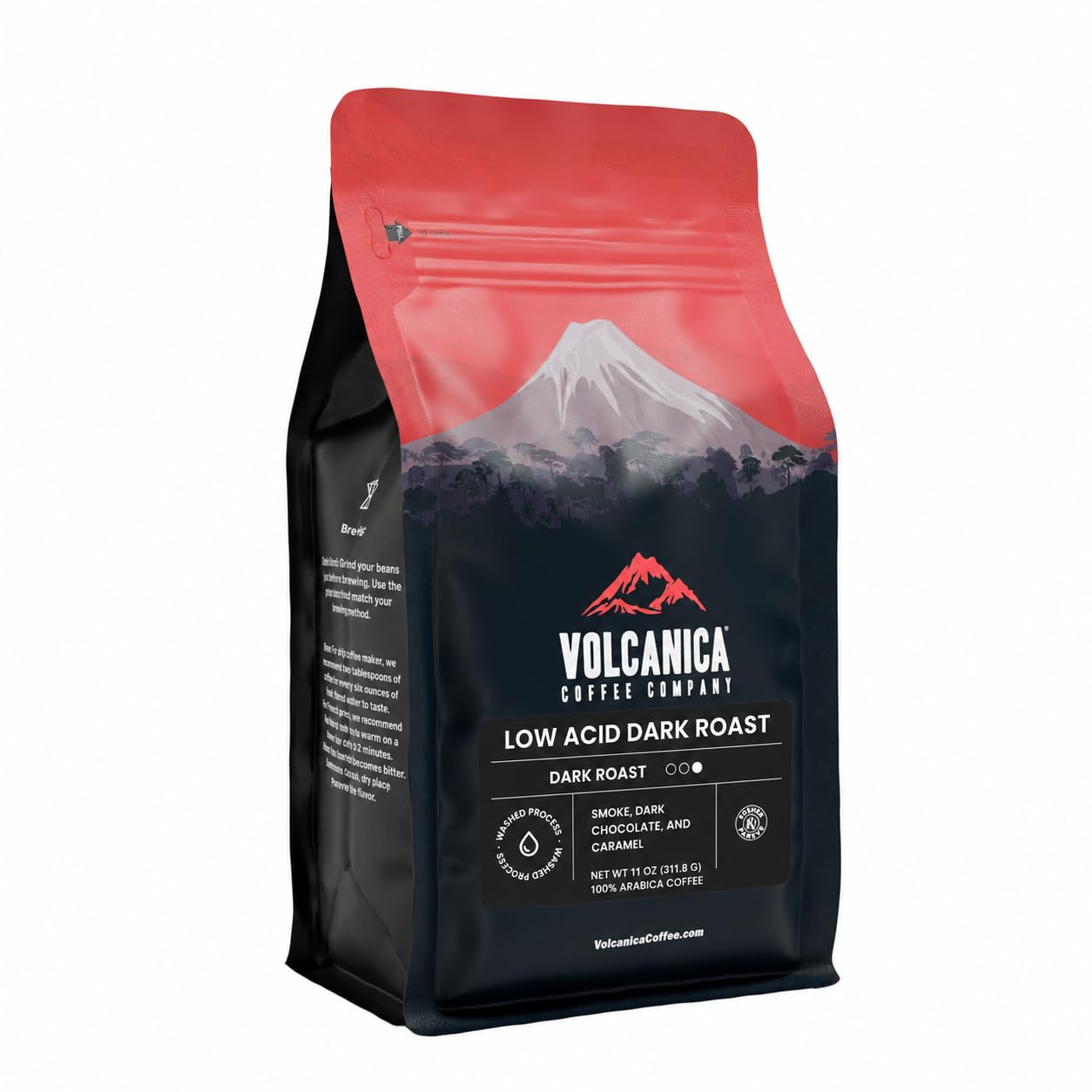 Volcanica Coffee front packaging showing low acid dark roast and benefit of gentle acidity
