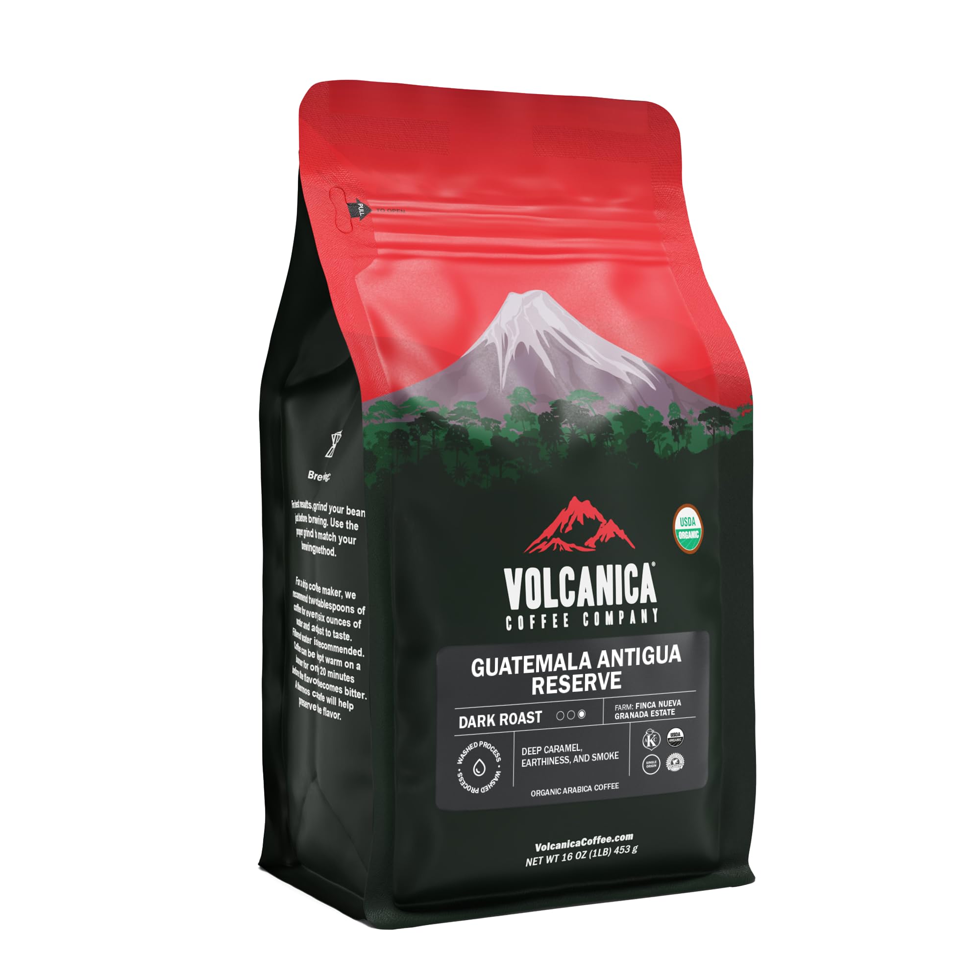 Volcanica Coffee front package showing organic dark roast and 16-ounce size benefit clarity