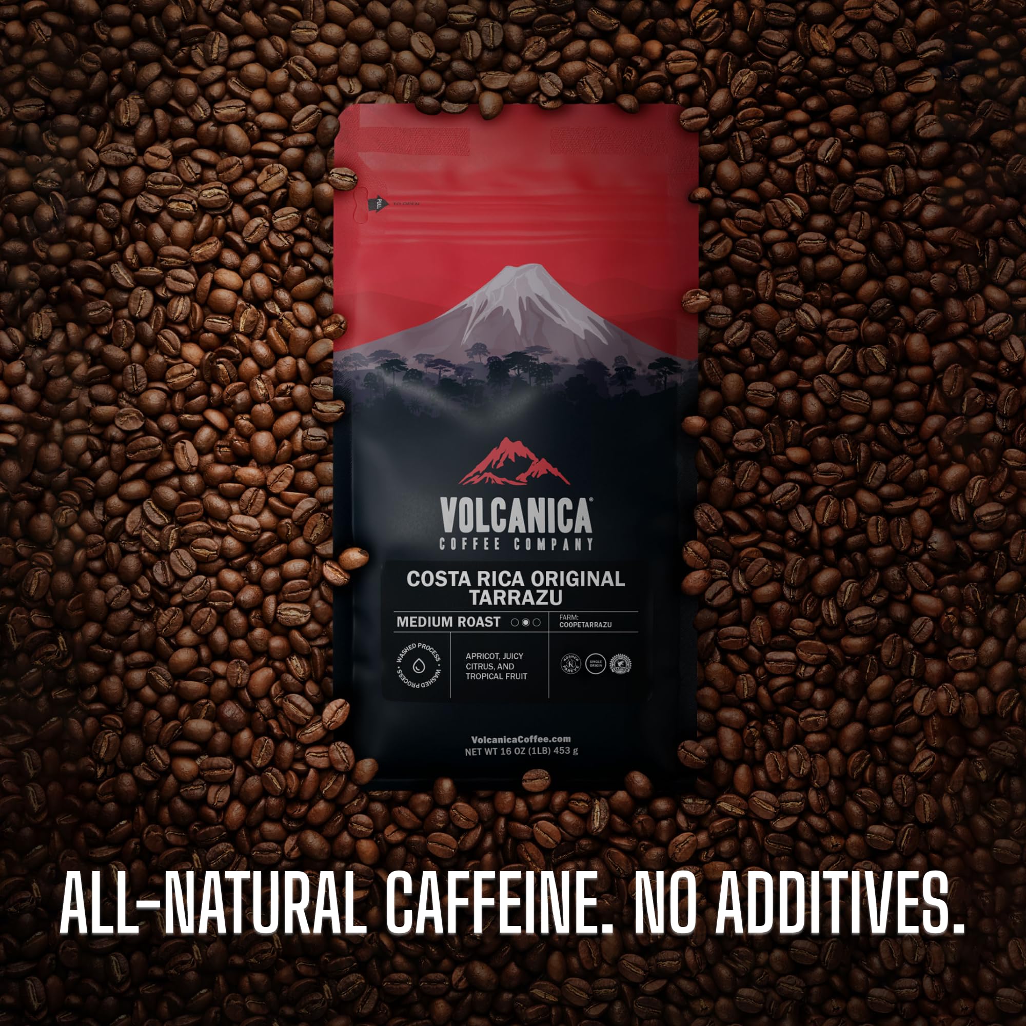 Volcanica beans beside scale showing 11-ounce size and portion control