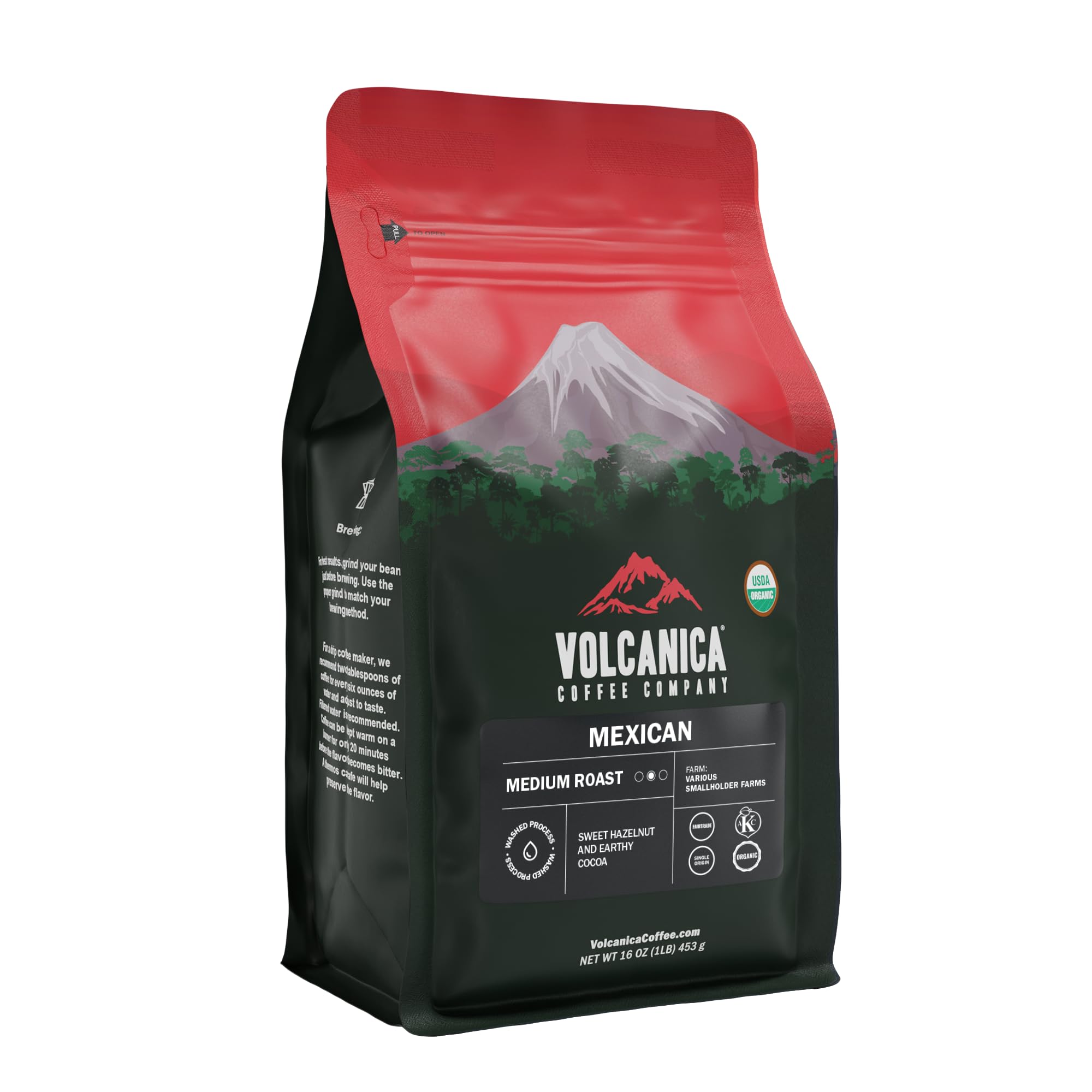 Volcanica Coffee front packaging showing fresh roasted 16oz bag, preserves flavor