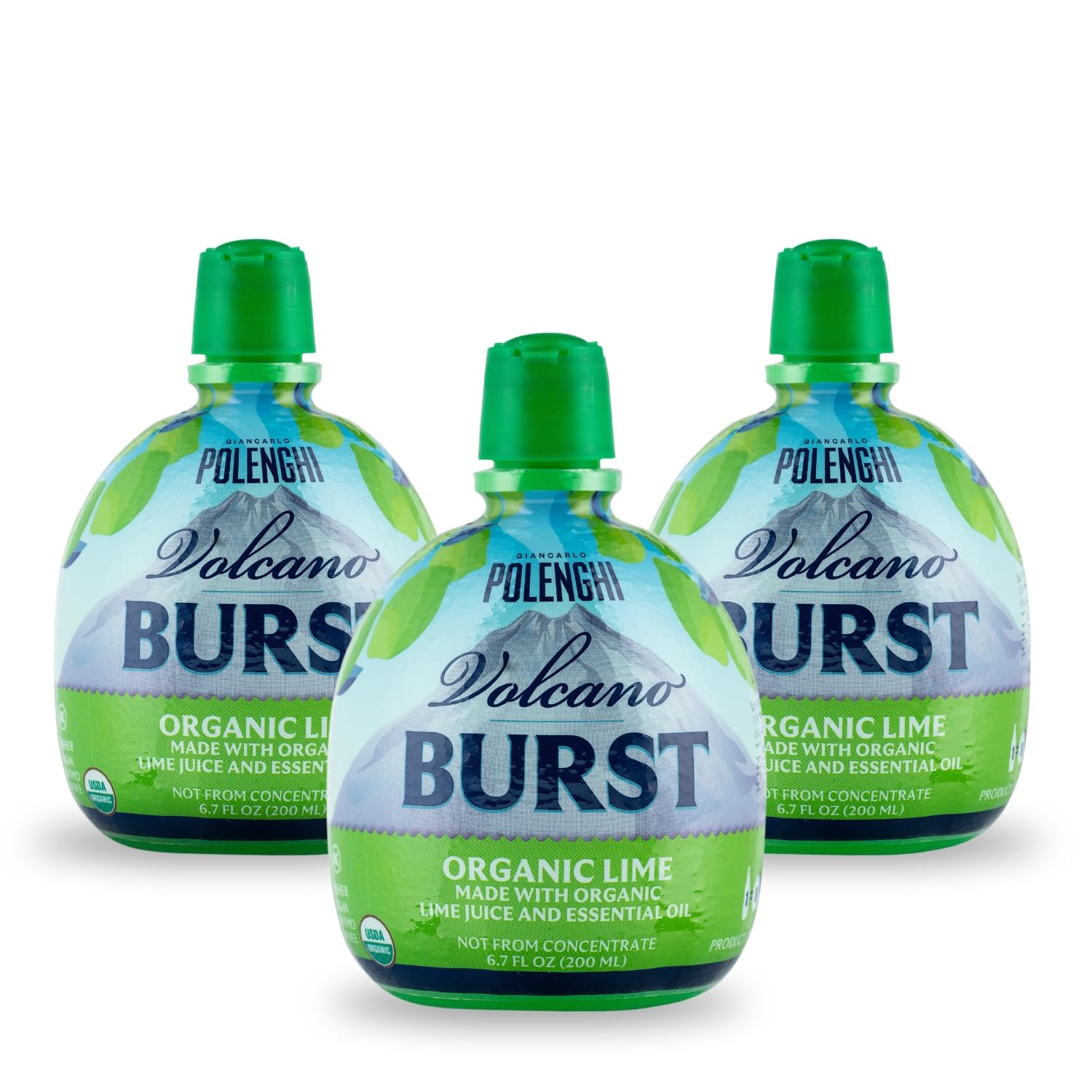 Italian Volcano front packaging of three-bottle pack showing label and organic claim