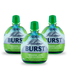 Italian Volcano front packaging of three-bottle pack showing label and organic claim