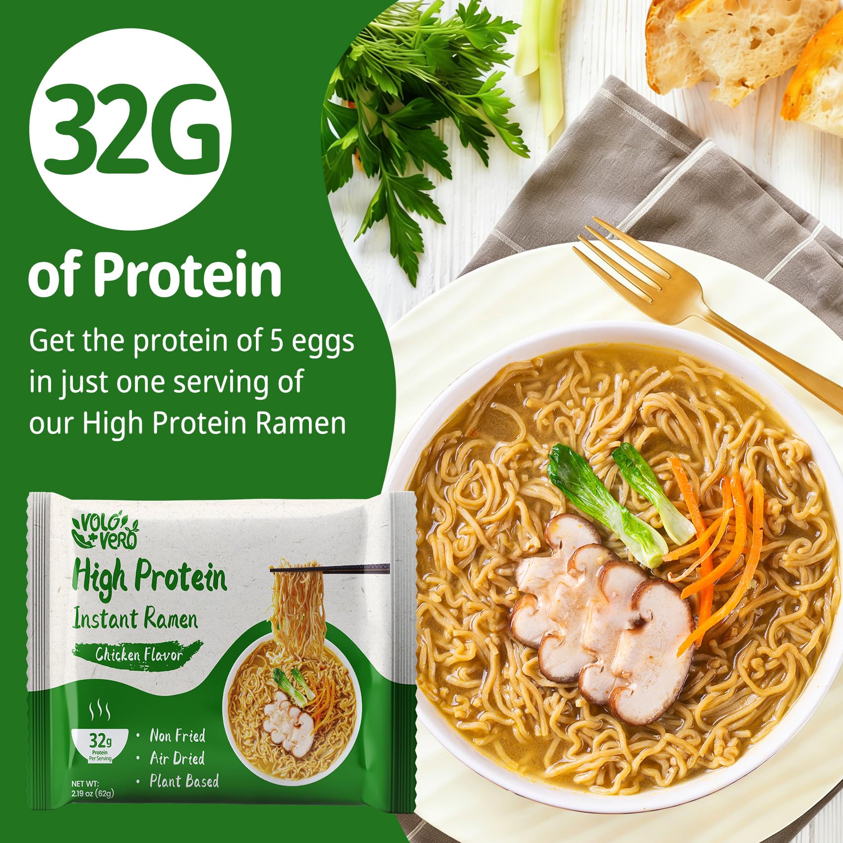 VOLO VERO bowl of chicken ramen ready to eat showing hearty protein meal