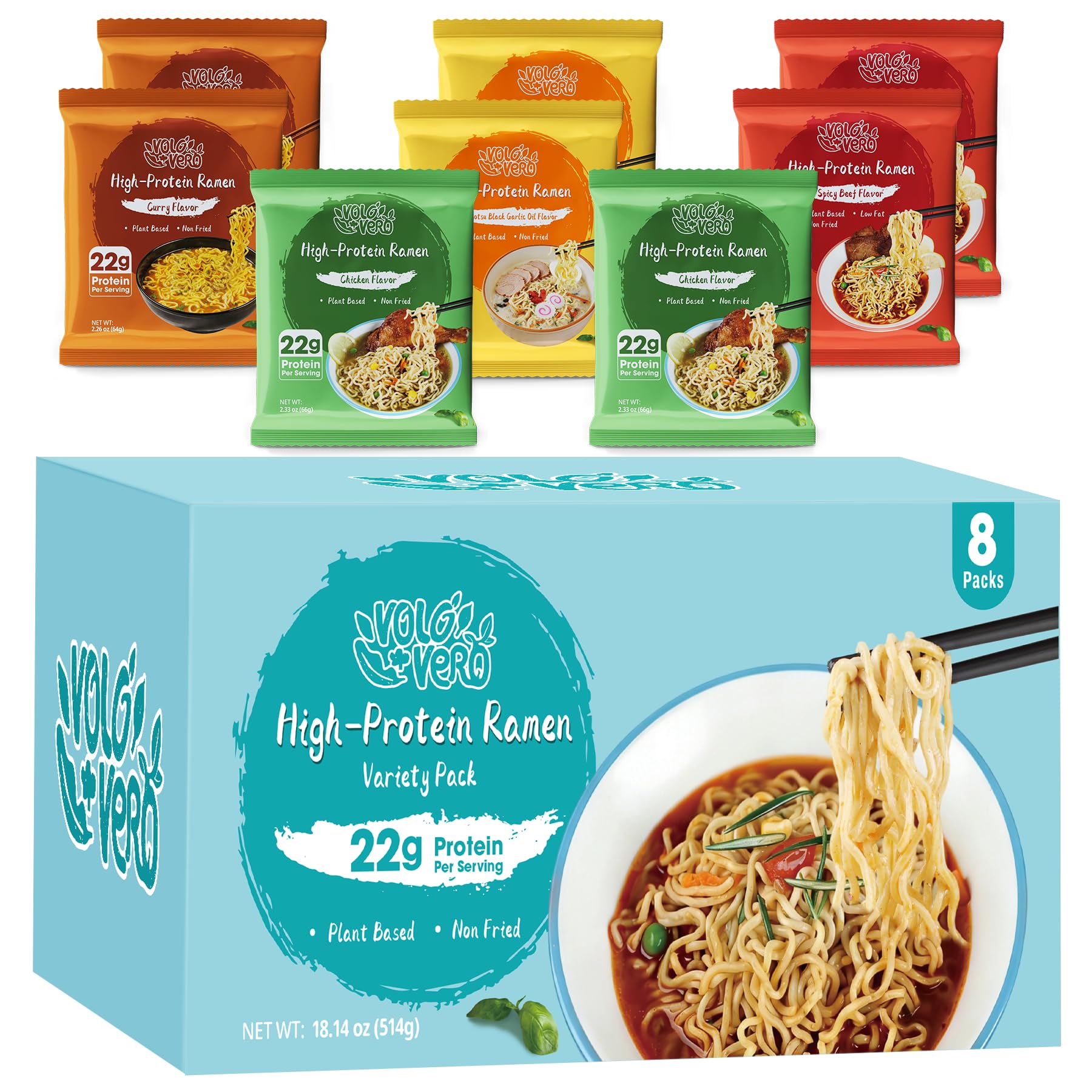 VOLO VERO front packaging showing four-flavor 8-pack and benefits