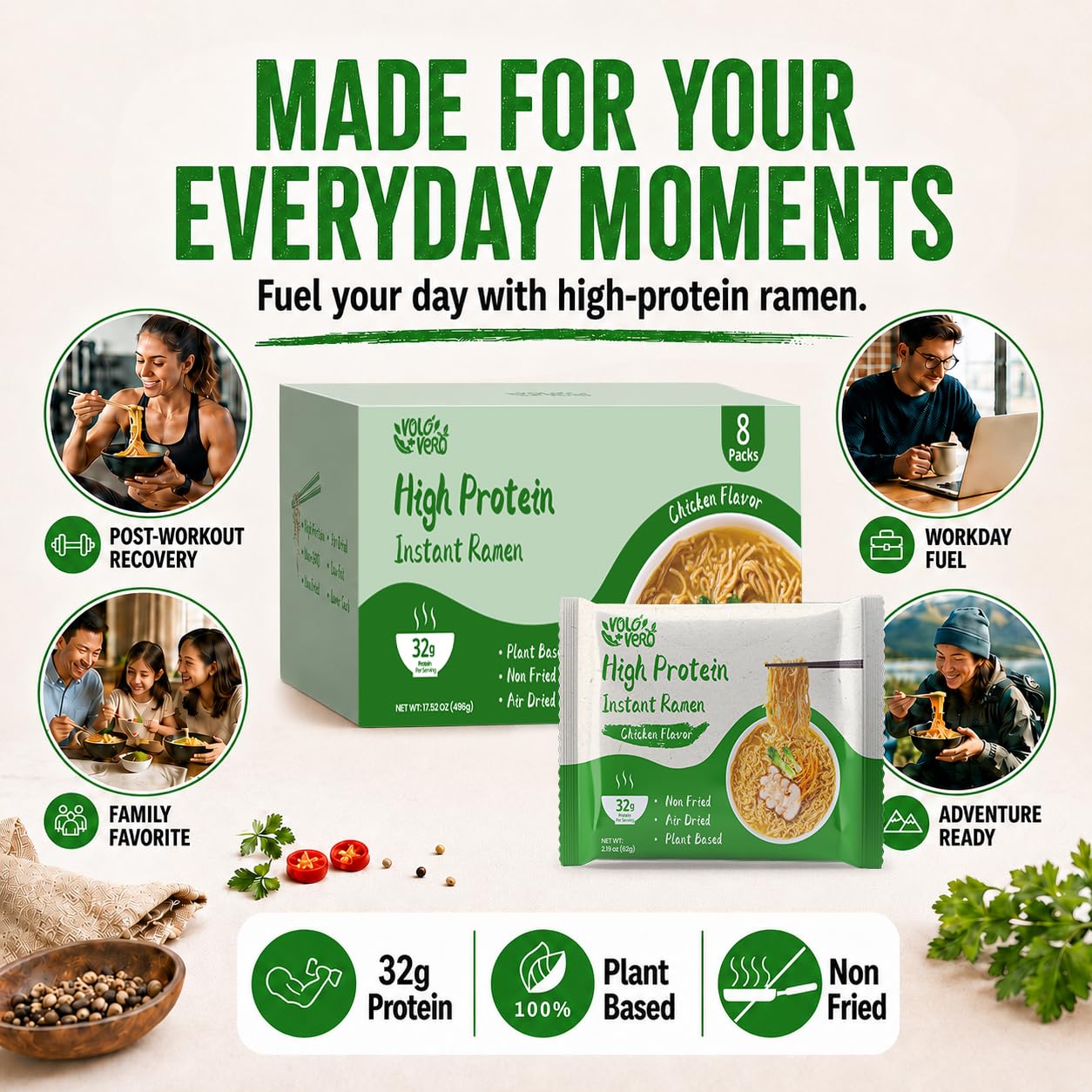 VOLO VERO post-workout meal setting demonstrating fast recovery fuel