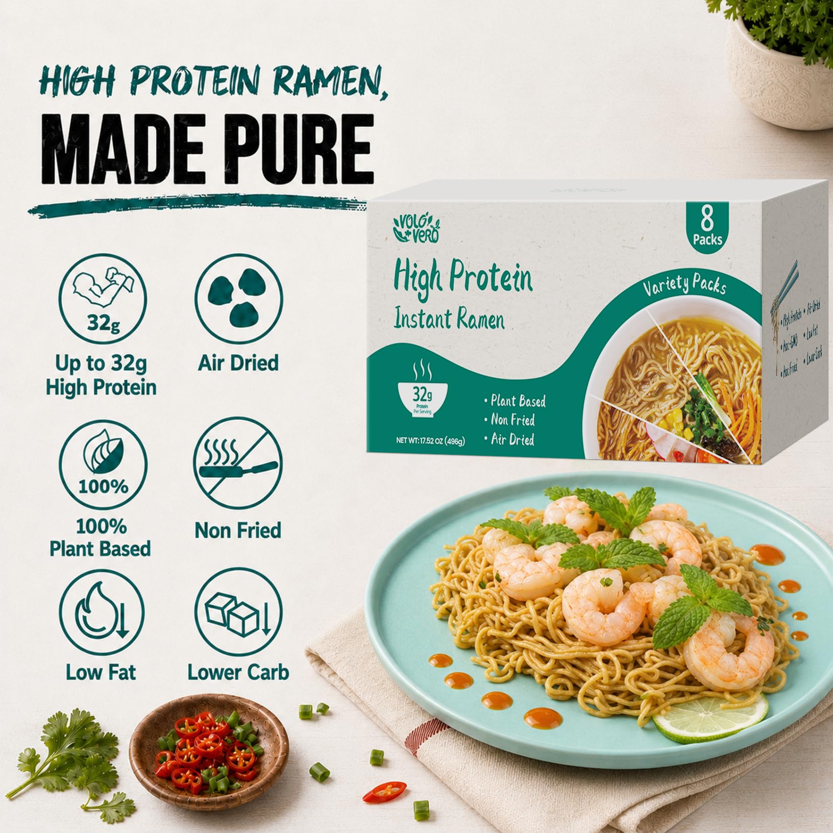 VOLO VERO cooked chicken ramen bowl showing protein-rich meal benefit