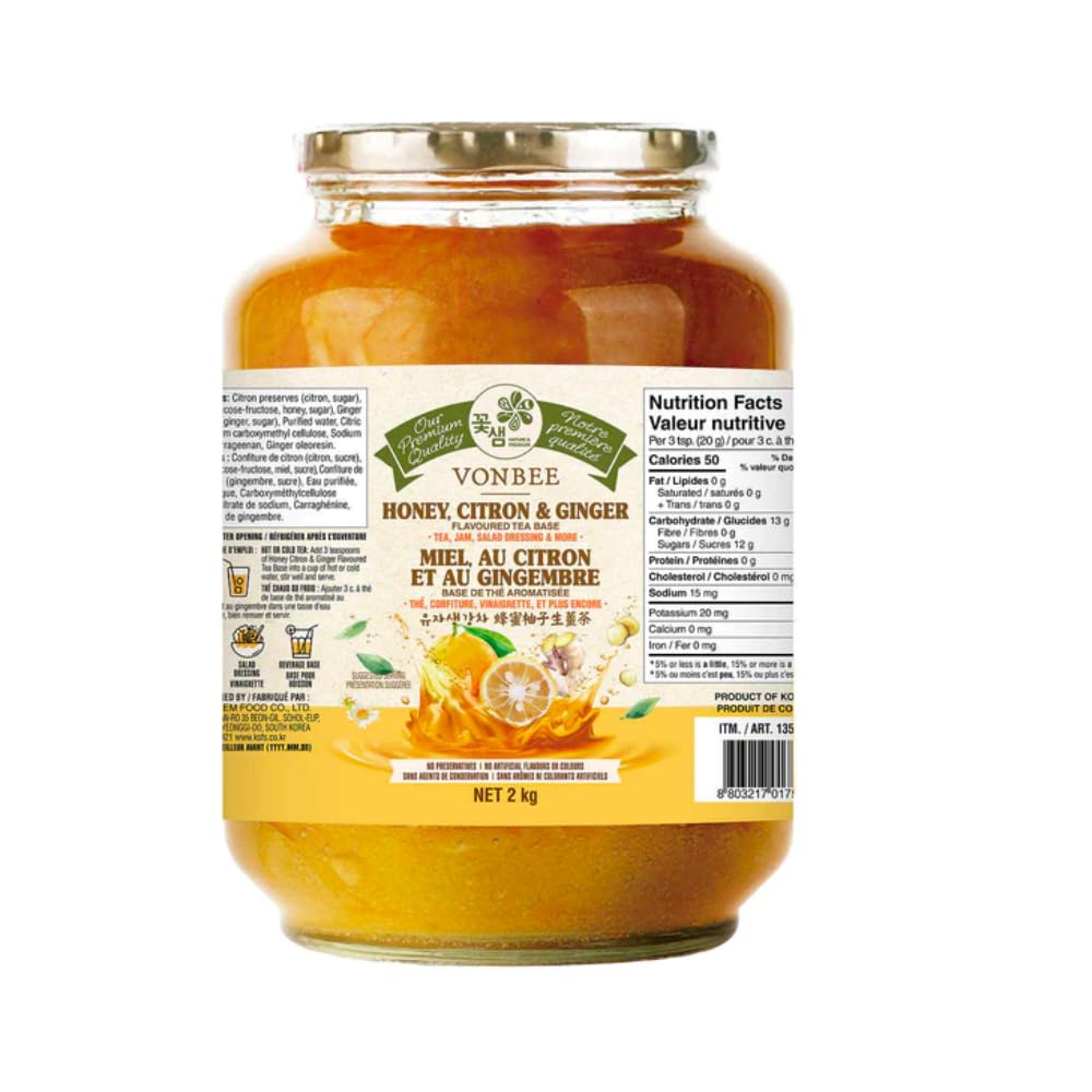 VONBEE jar front label showing honey citron ginger preserve and serving suggestion