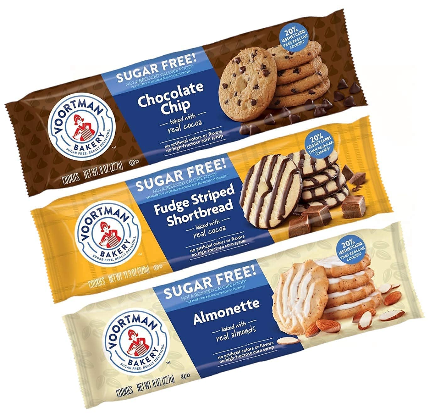 Voortman variety pack front packaging showing three sugar-free cookie types, appetizing and convenient