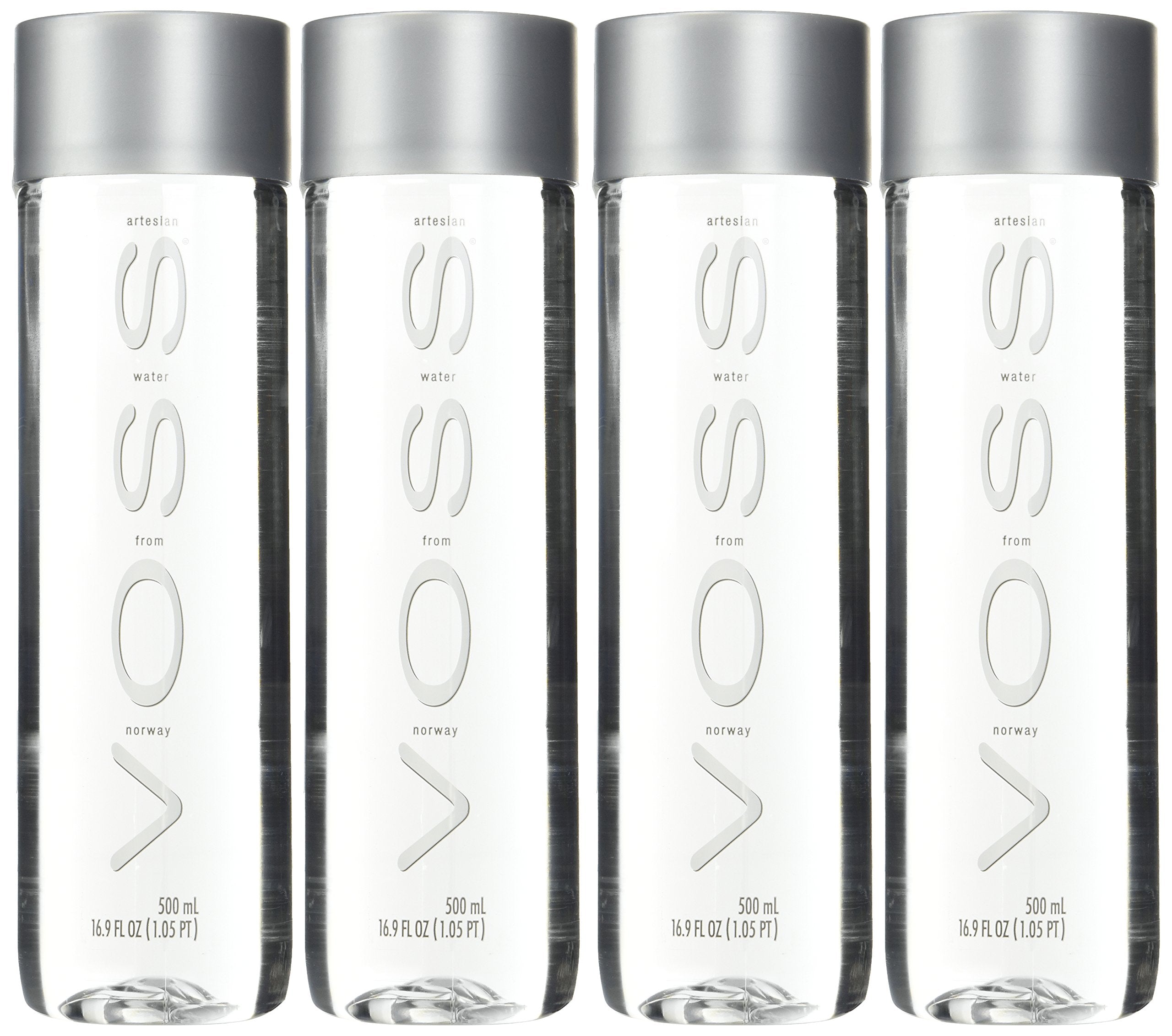 VOSS front view pack of four plastic bottles showing portable design and premium look