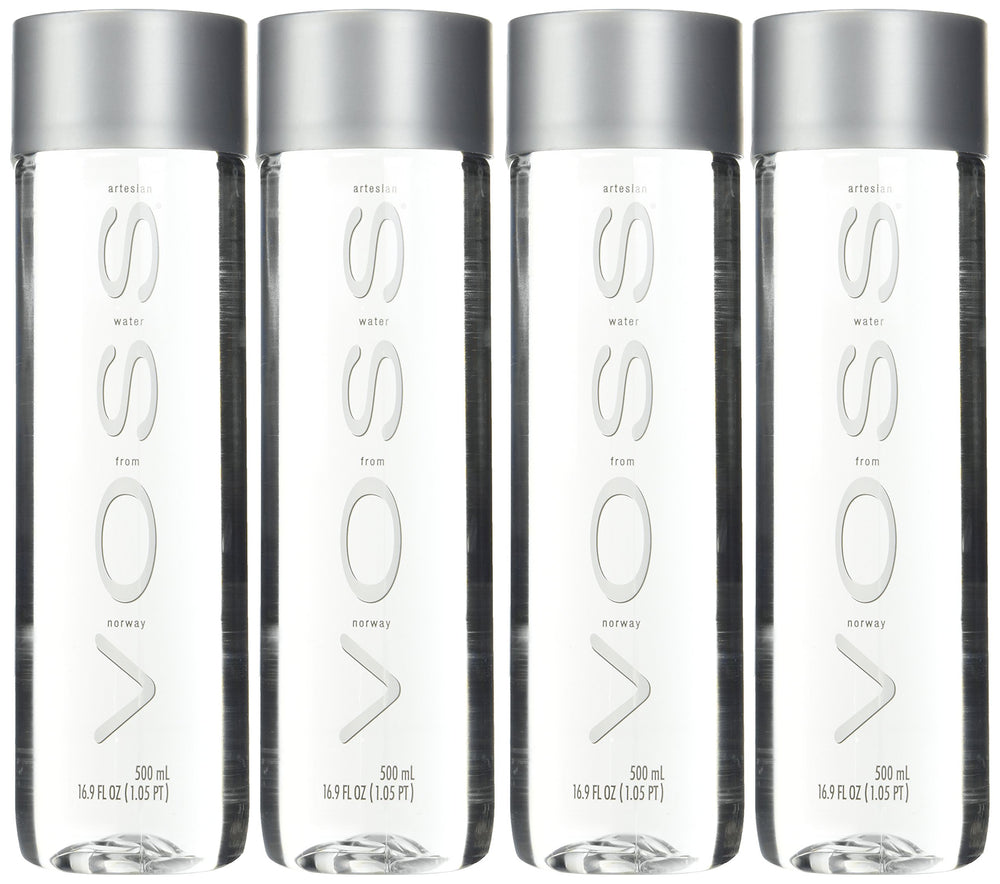 VOSS front view pack of four plastic bottles showing portable design and premium look