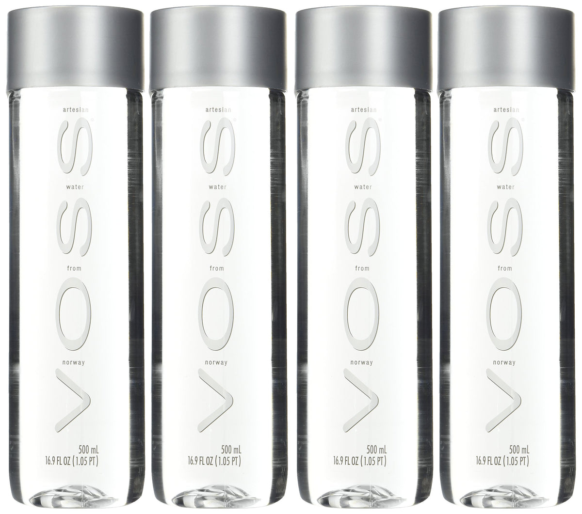 VOSS front view pack of four plastic bottles showing portable design and premium look