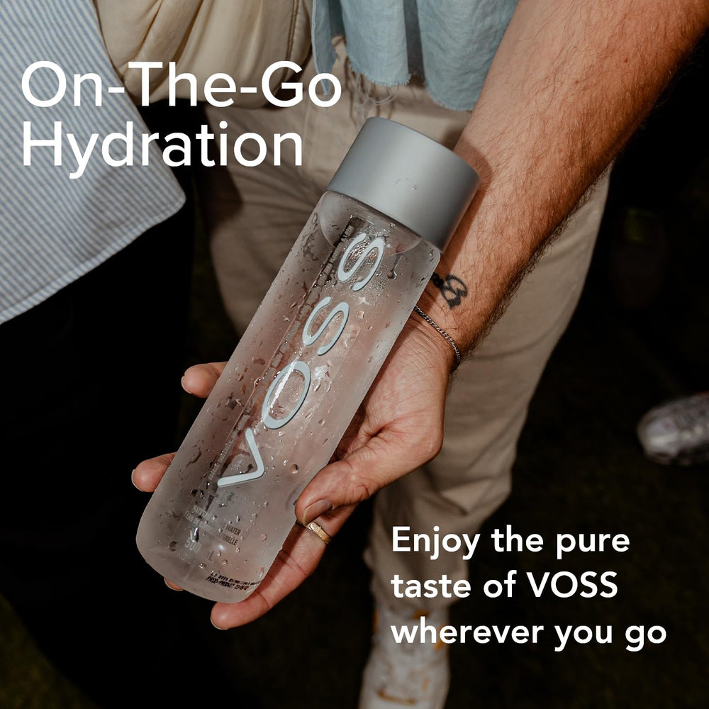 VOSS bottle held in hand illustrating convenient portable hydration