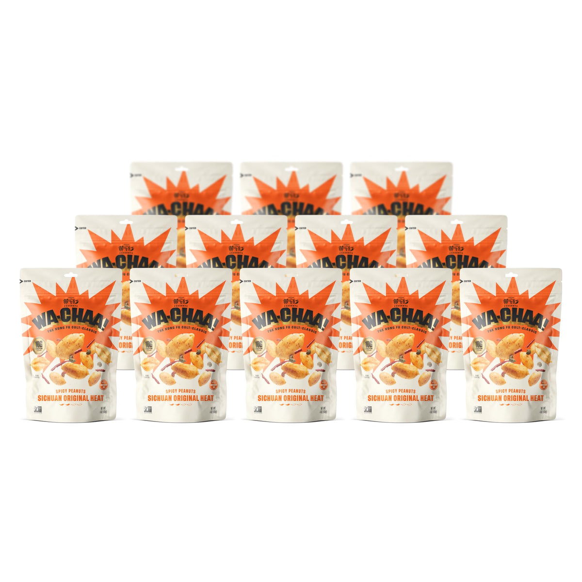 WA-CHAA! front packaging showing spicy Sichuan peanuts and resealable pouch benefit