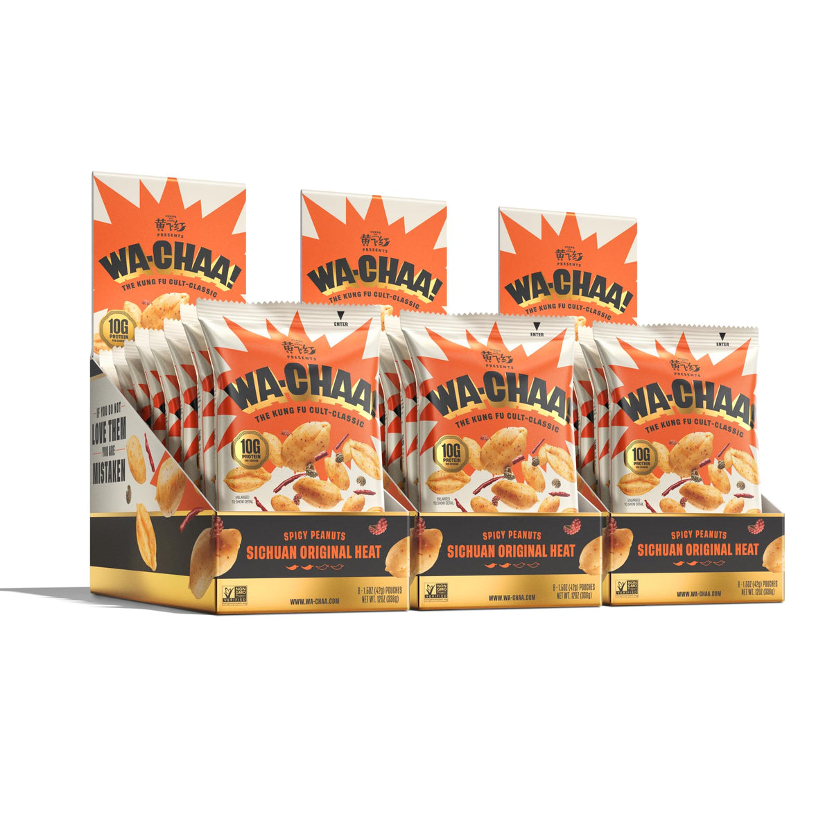 WA-CHAA! front packaging showing brand and spicy peanut snack benefits