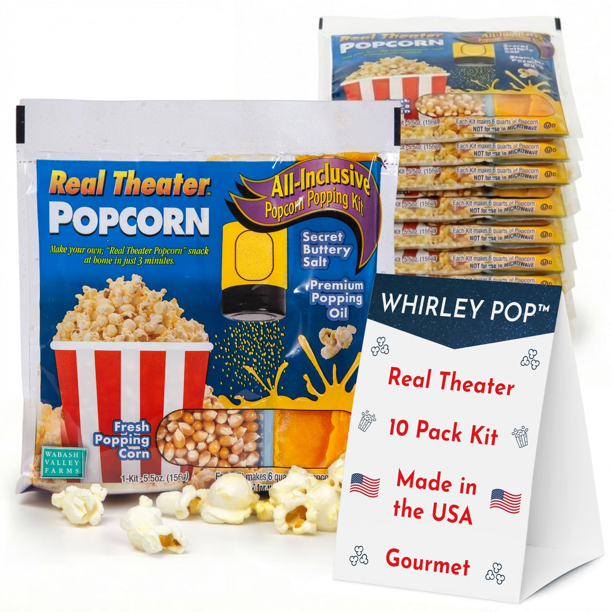Wabash Valley Farms front packaging showing 10 pre-portioned popcorn kits, convenient supply