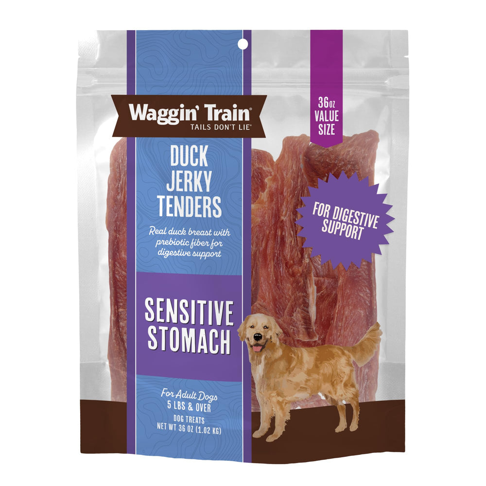 Waggin' Train front pouch showing 36 oz duck jerky, clear branding and resealable bag benefit