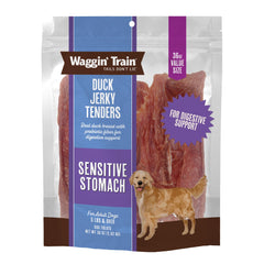 Waggin' Train front pouch showing 36 oz duck jerky, clear branding and resealable bag benefit