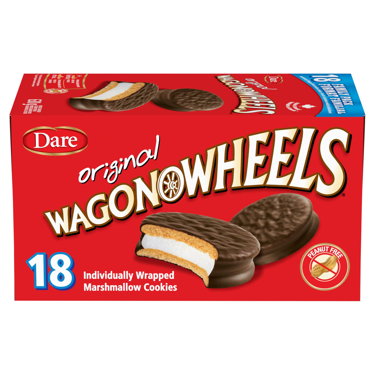Wagon Wheels box front showing 630g packaging and 18 individually wrapped cookies, convenient for families