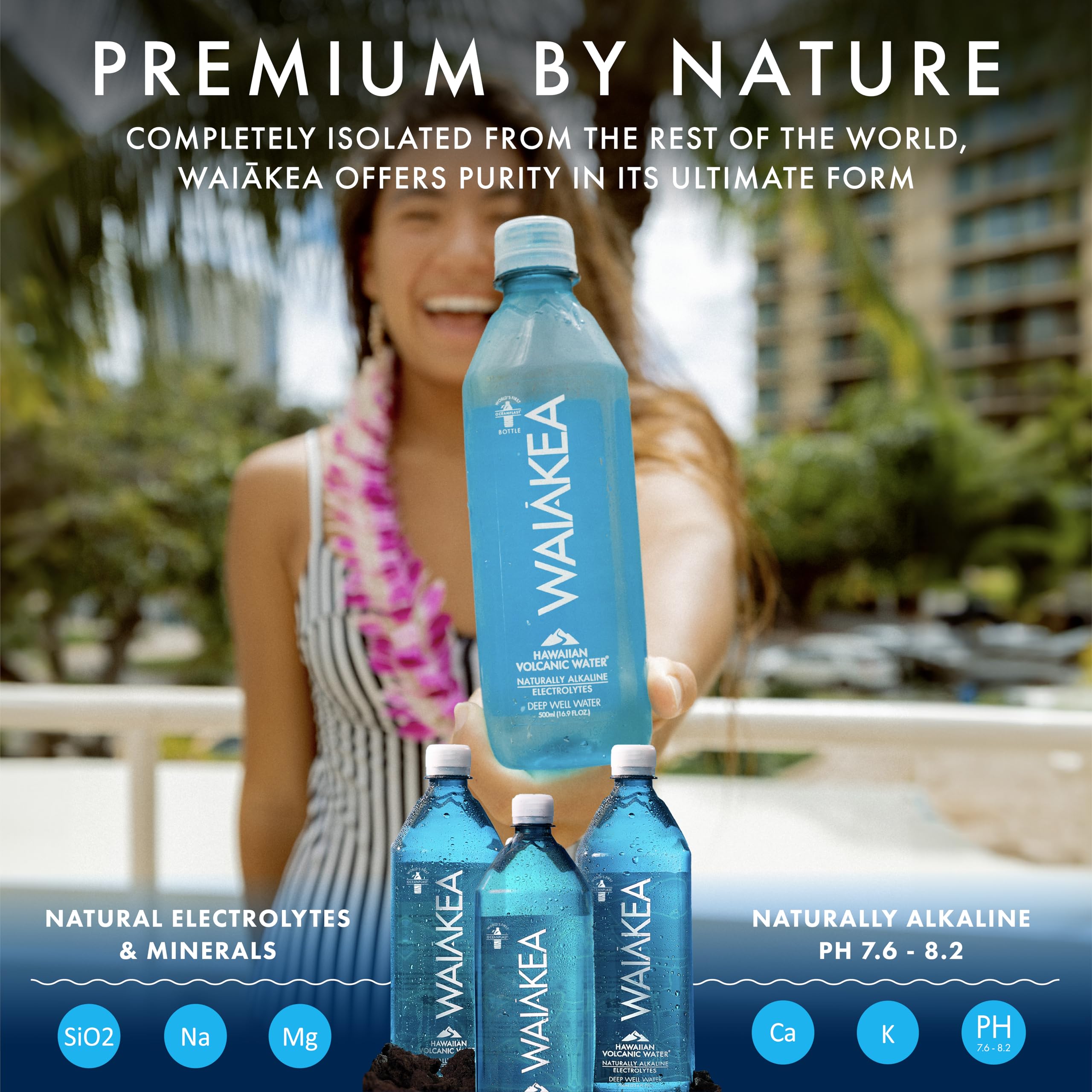 Waiakea close-up label highlighting silica content and natural minerals benefit