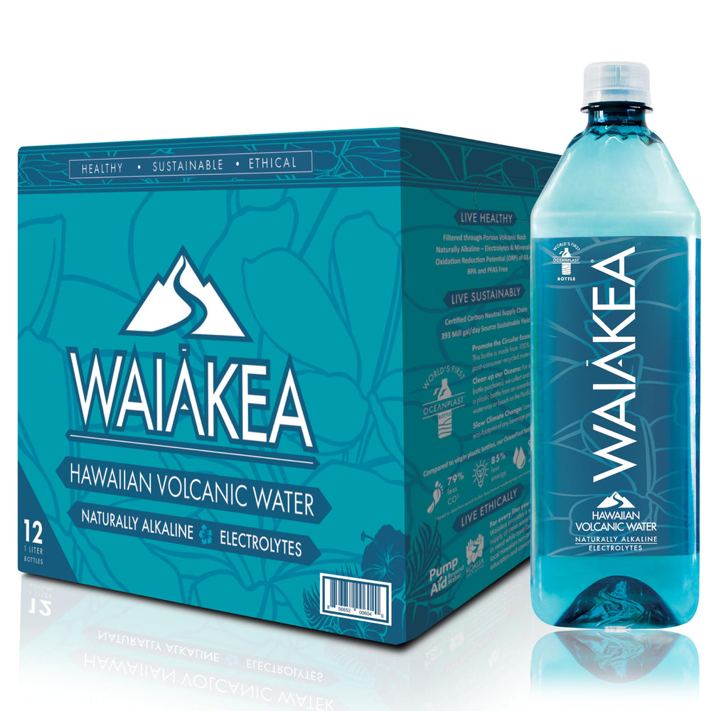 Waiākea front packaging 1L bottle showing label and recyclable benefits