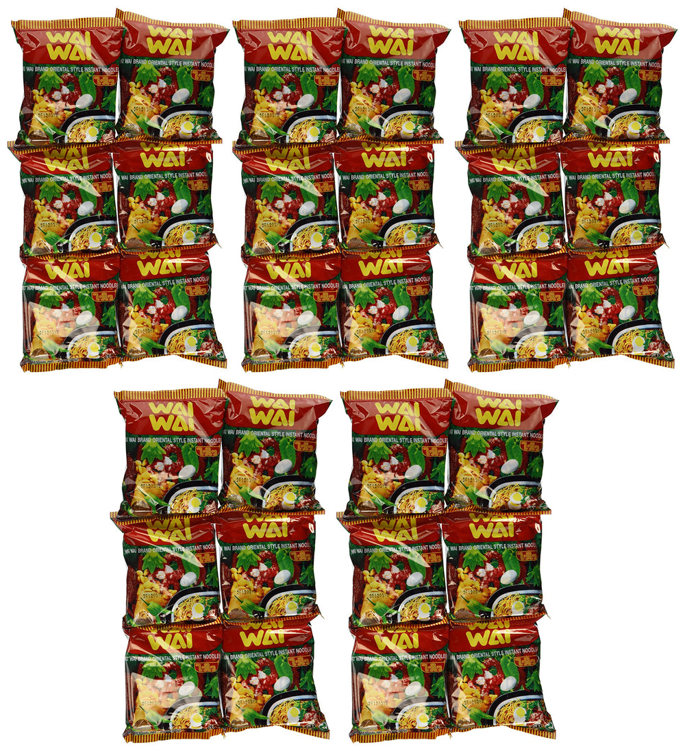 Wai Wai pack front showing Oriental Style 60g 30-pack and convenient servings