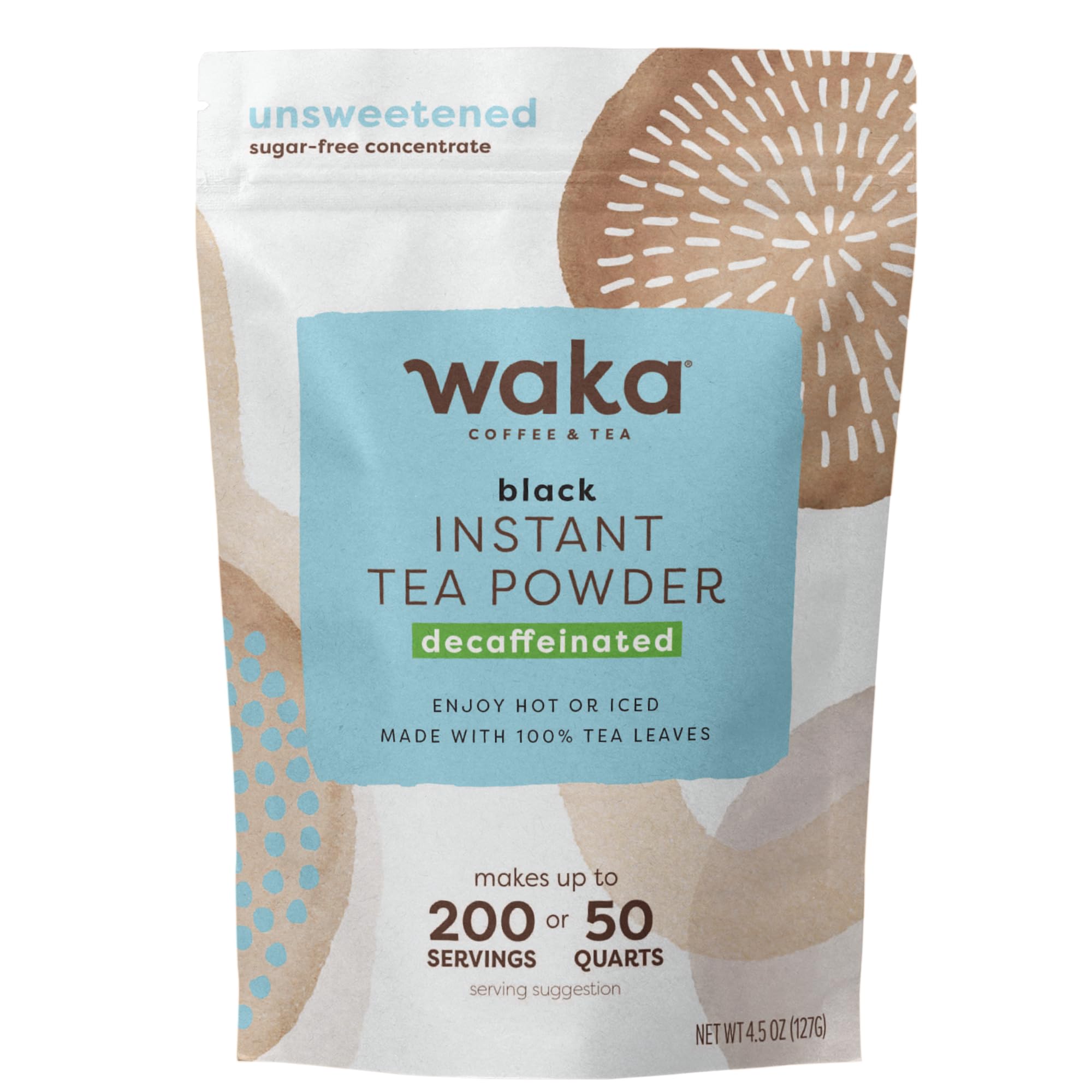 Waka pouch front view showing decaf unsweetened benefits