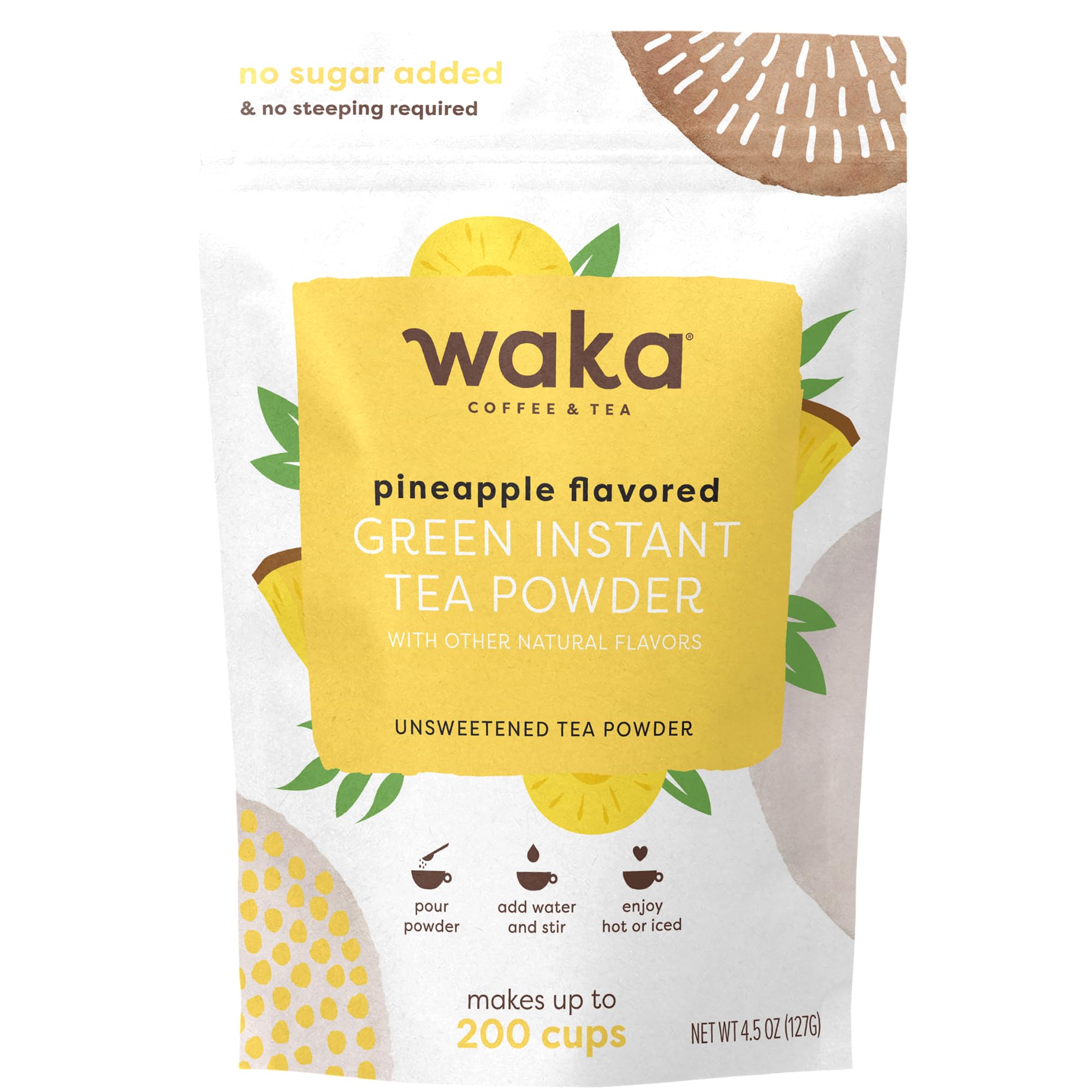 Waka Coffee front packaging showing pineapple green tea pouch and clear label benefit