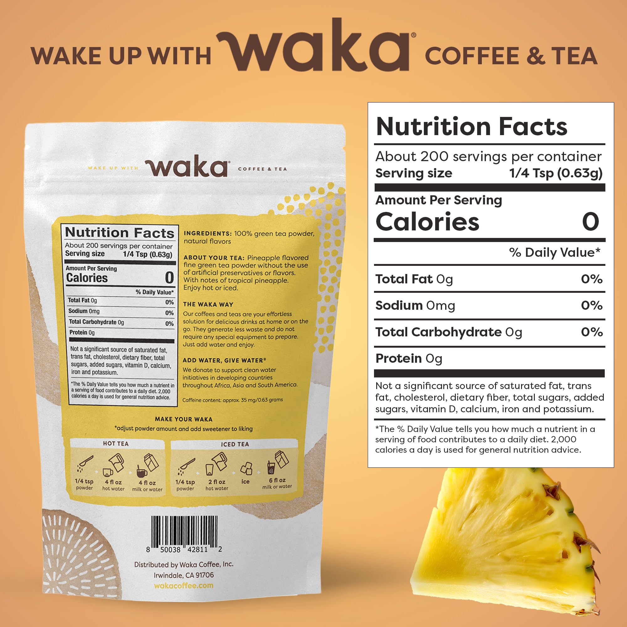 Waka Coffee close-up of fine powdered instant tea showing smooth texture and quick dissolve