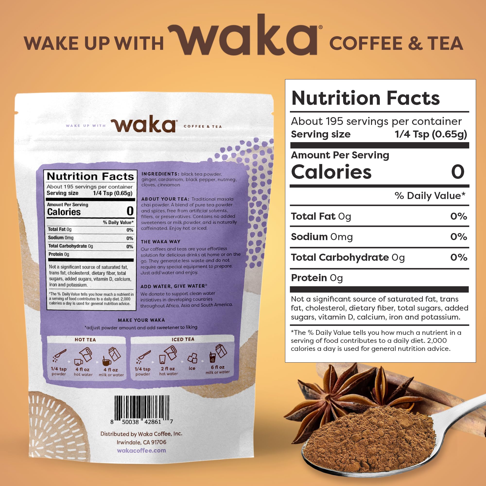Waka Coffee powder scoop next to teaspoon showing concentrated servings