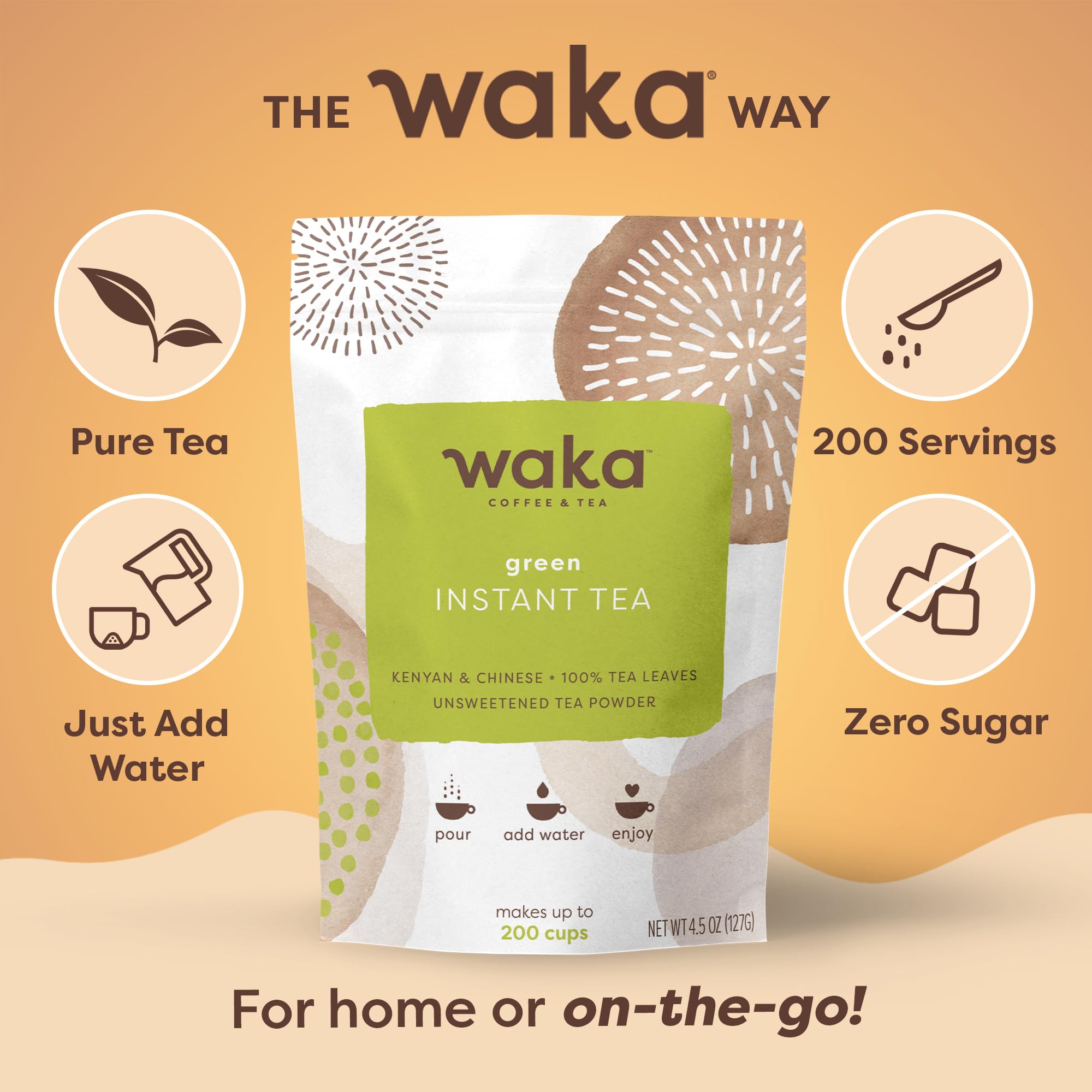 Waka powder dissolving in hot cup, fast brew benefit for busy mornings