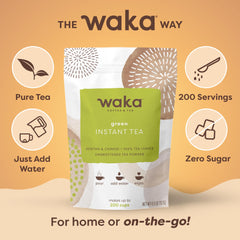 Waka powder dissolving in hot cup, fast brew benefit for busy mornings