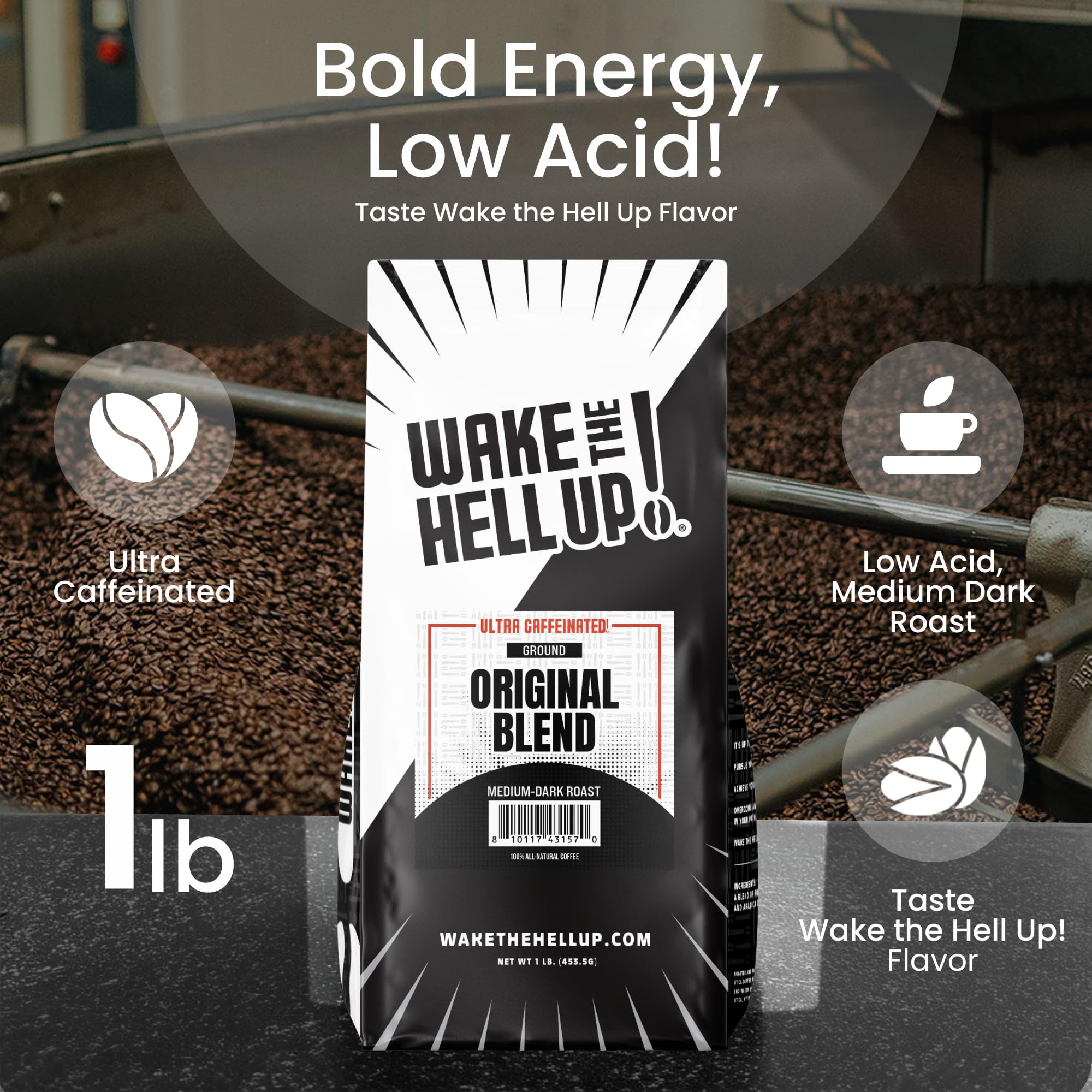 Wake The Hell Up! close-up of ground coffee texture revealing rich roast for fuller flavor