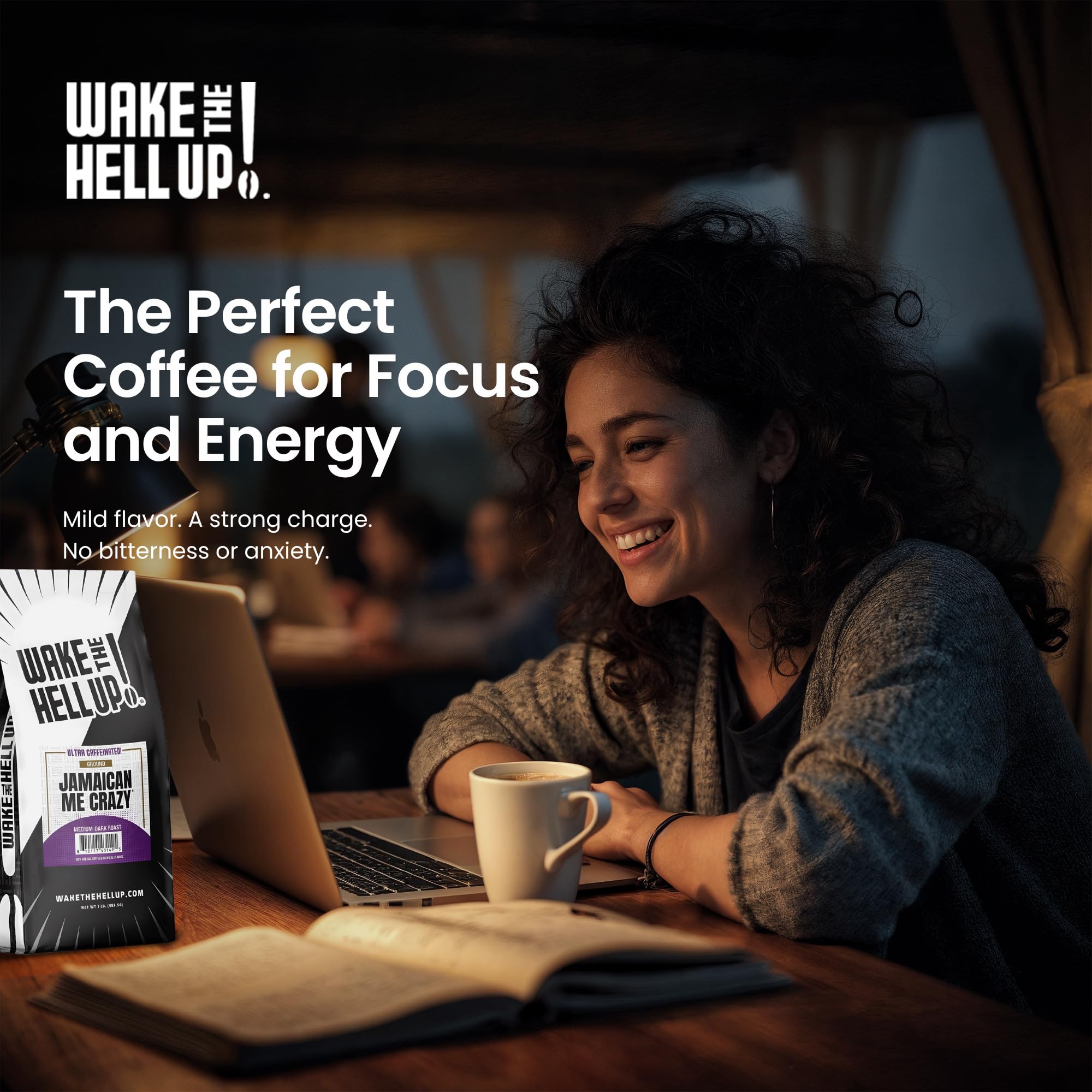 Wake The Hell Up! cup with milk on breakfast table showing smooth taste and morning energy