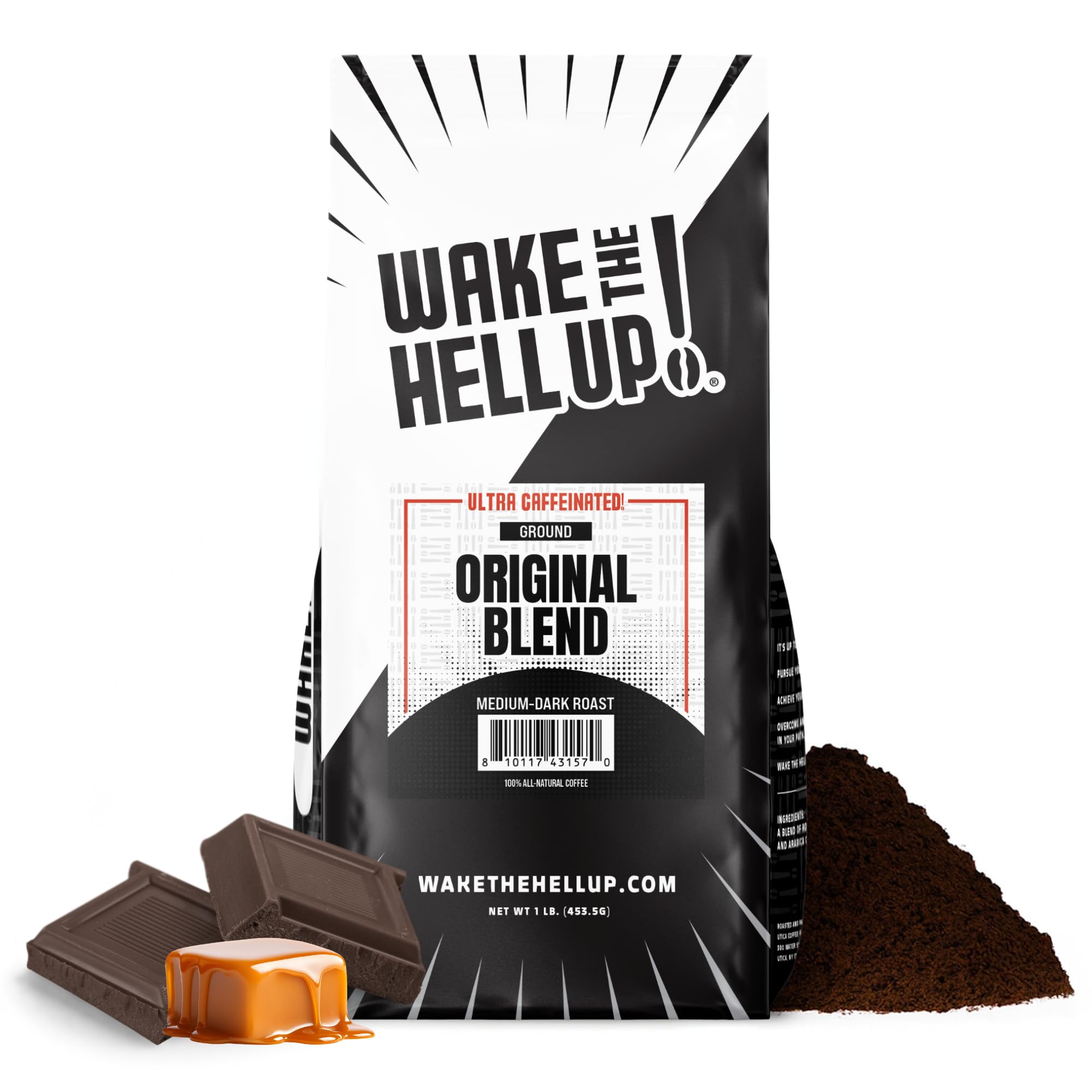 Wake The Hell Up! front package showing bold branding and one-pound size benefit