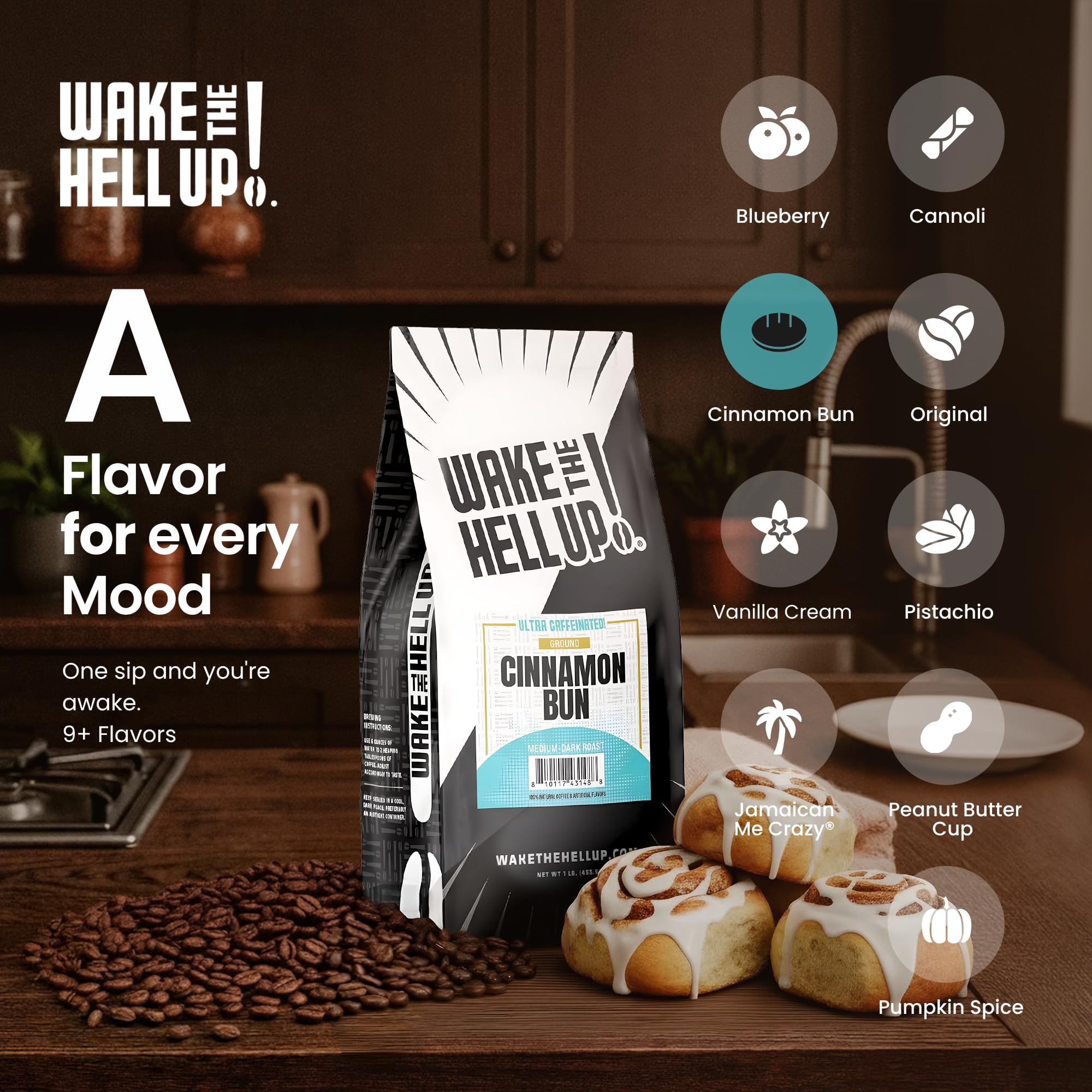 Wake The Hell Up! label displaying origin notes from Colombia Brazil Mexico for quality