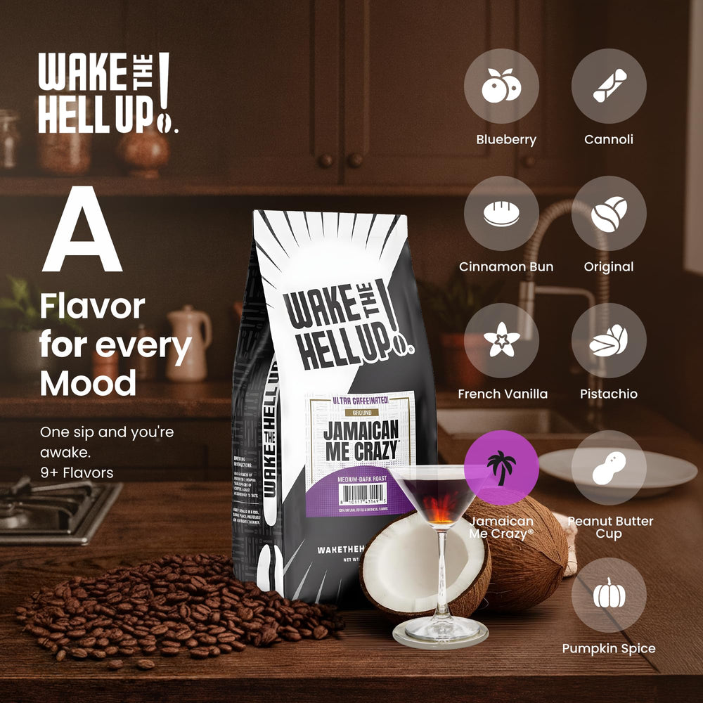 Wake The Hell Up! label close-up showing origin notes and low-acid feature for informed buyers