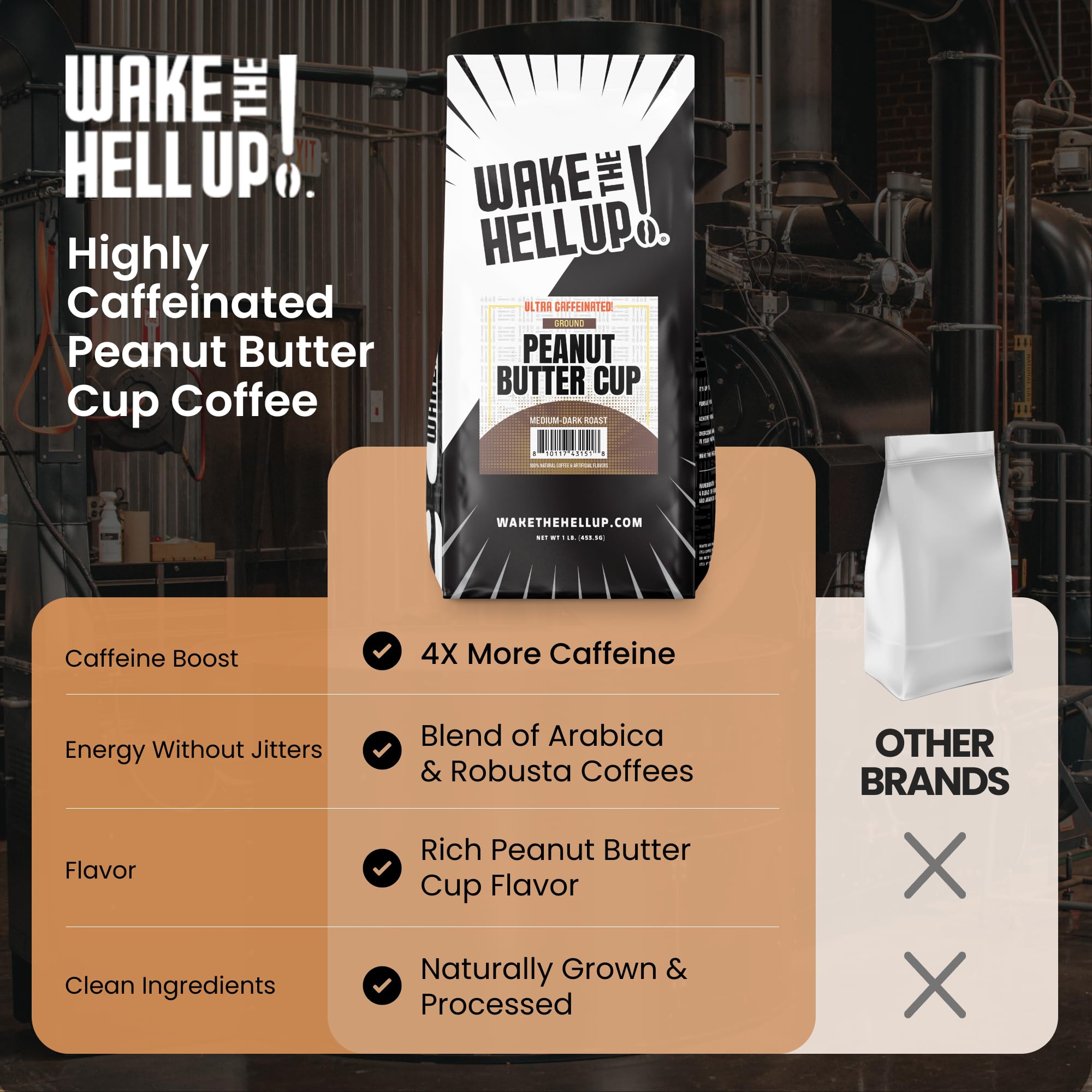 Wake The Hell Up! poured cup with crema showcasing chocolate-peanut flavor and smoothness