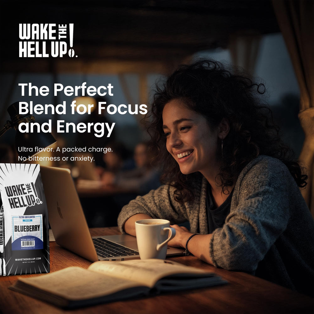 Wake The Hell Up! 1lb bag next to a coffee scoop to show true size and servings