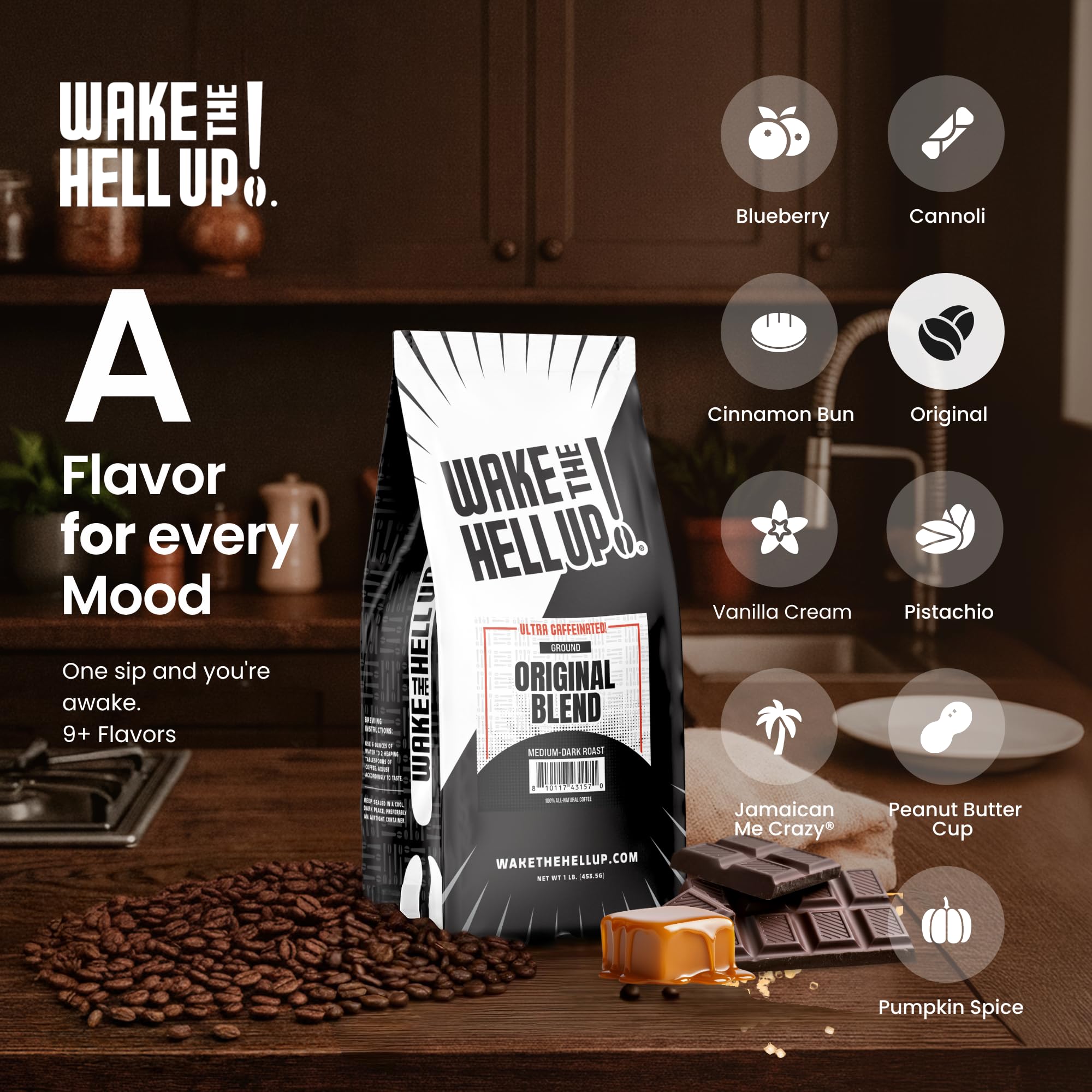 Wake The Hell Up! size comparison on kitchen scale showing one-pound value and servings