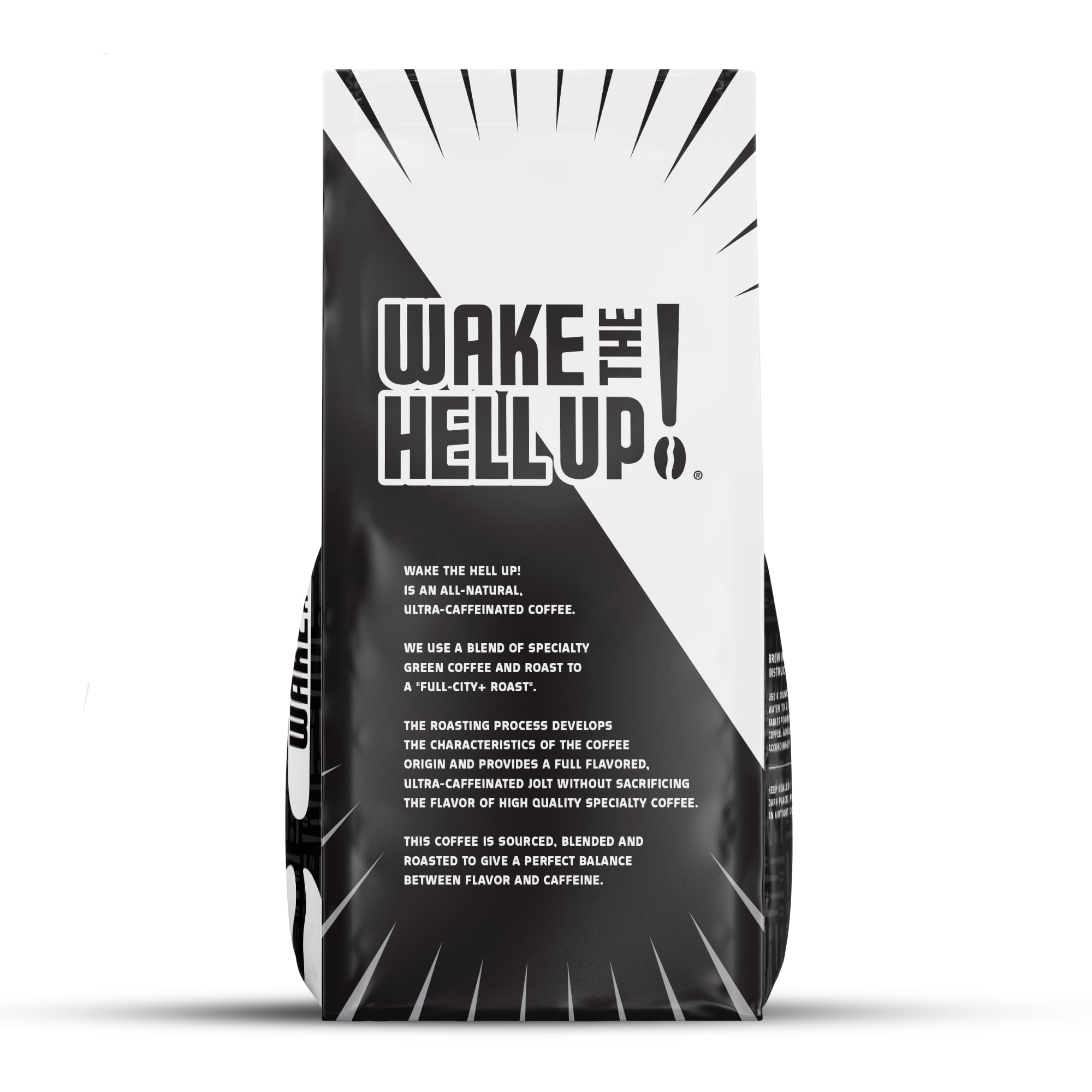Wake The Hell Up! one-pound bag next to a standard coffee mug showing true size and value